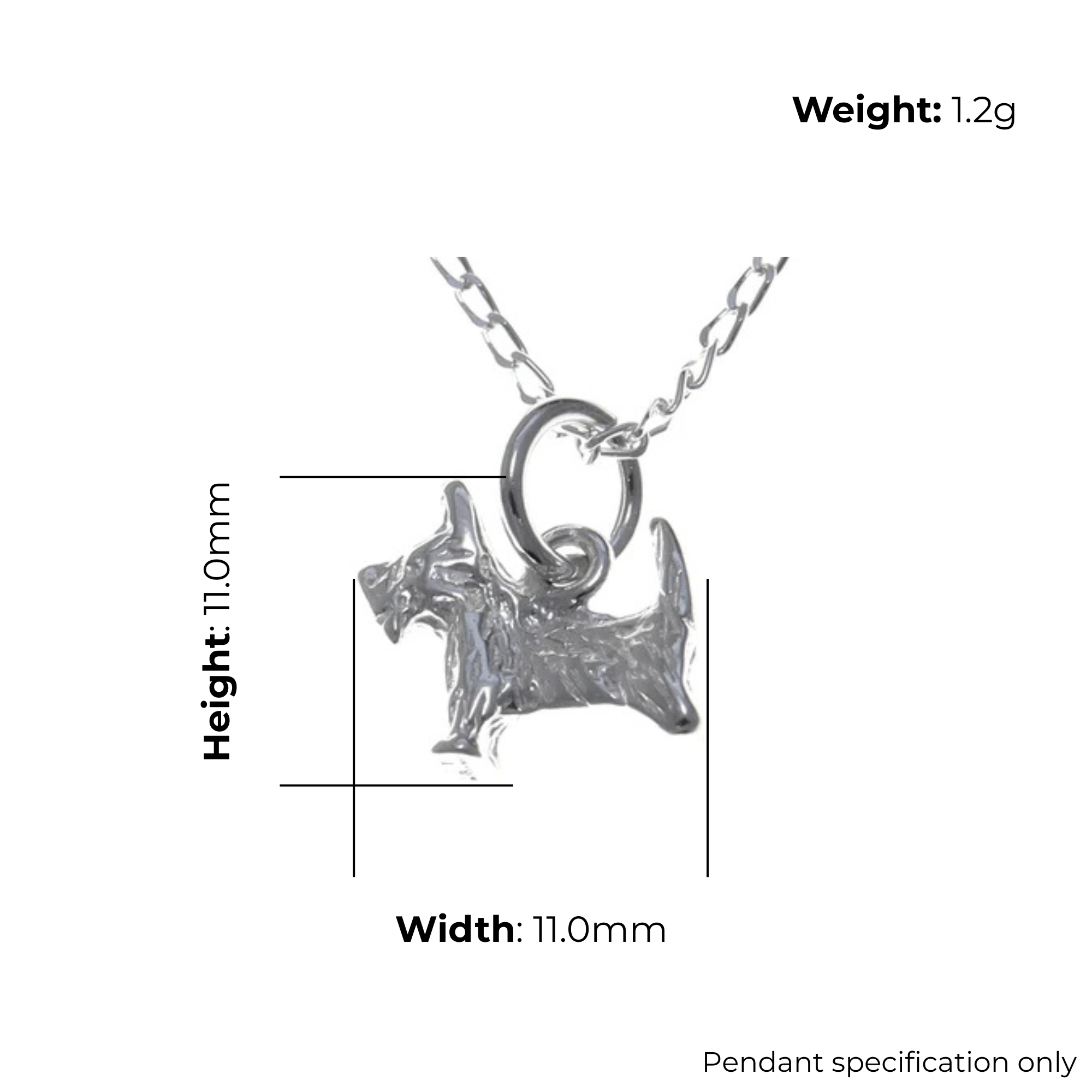 Sterling Silver Scottish Terrier Pendant, sculpted Scottie dog form, engraved coat detail, product dimensions shown, width 11mm, height 11mm, weight 1.2g, pendant specification only
