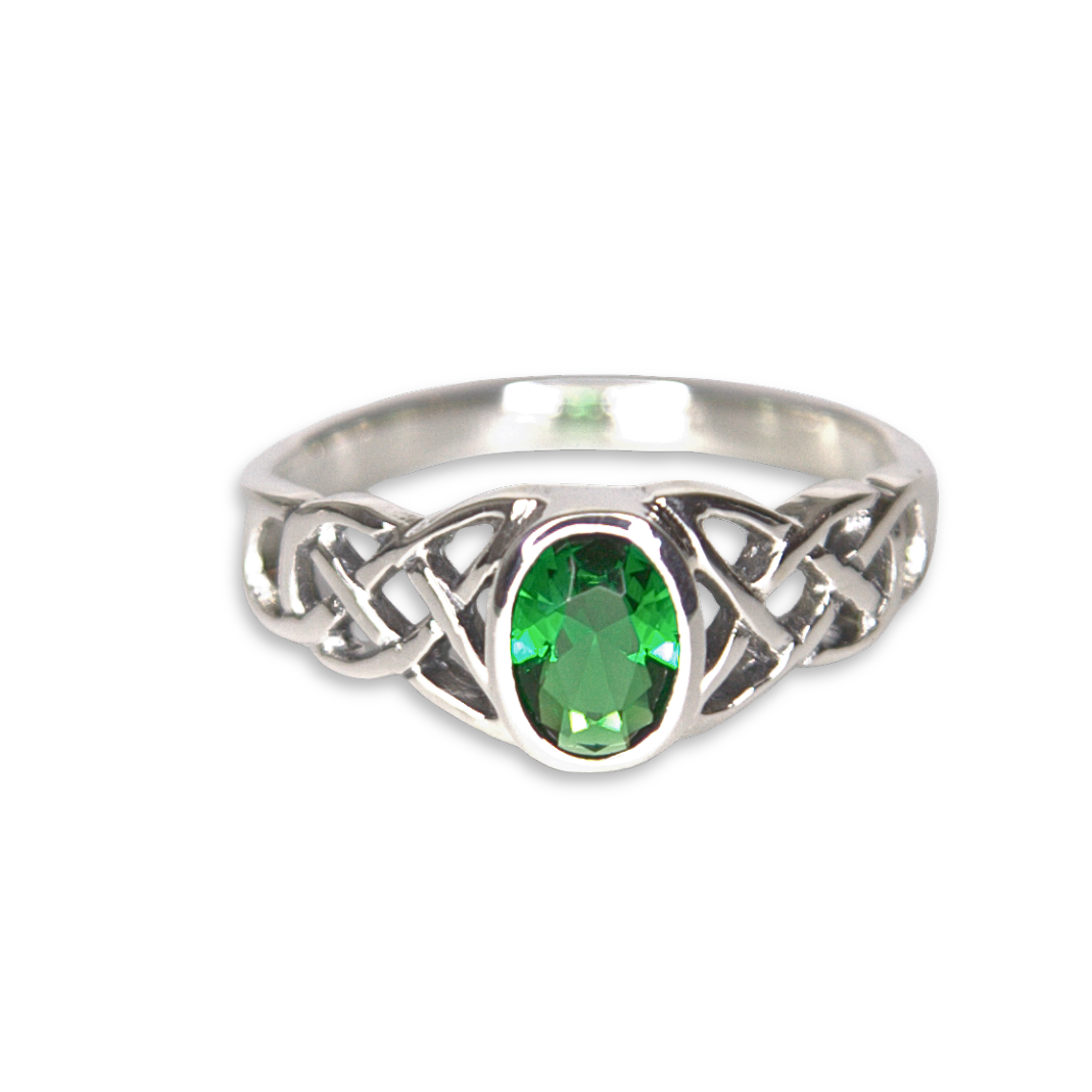 Silver Celtic Knot and Oval Green Stone Ring (SSR8961)