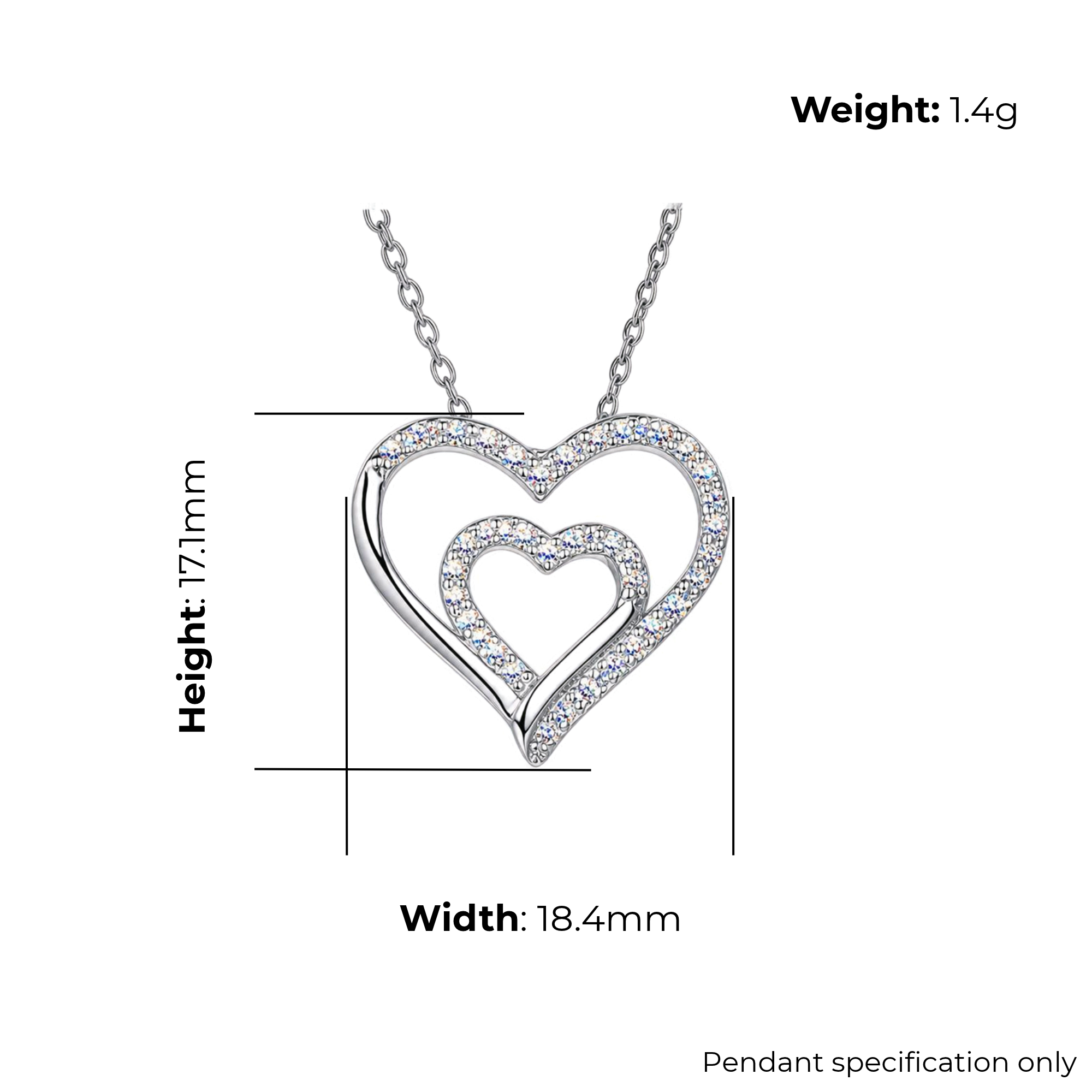 Sterling Silver Double Heart Pendant with CZ, product dimensions shown, width 18.4mm, height 17.1mm, weight 1.4g, pendant specification only