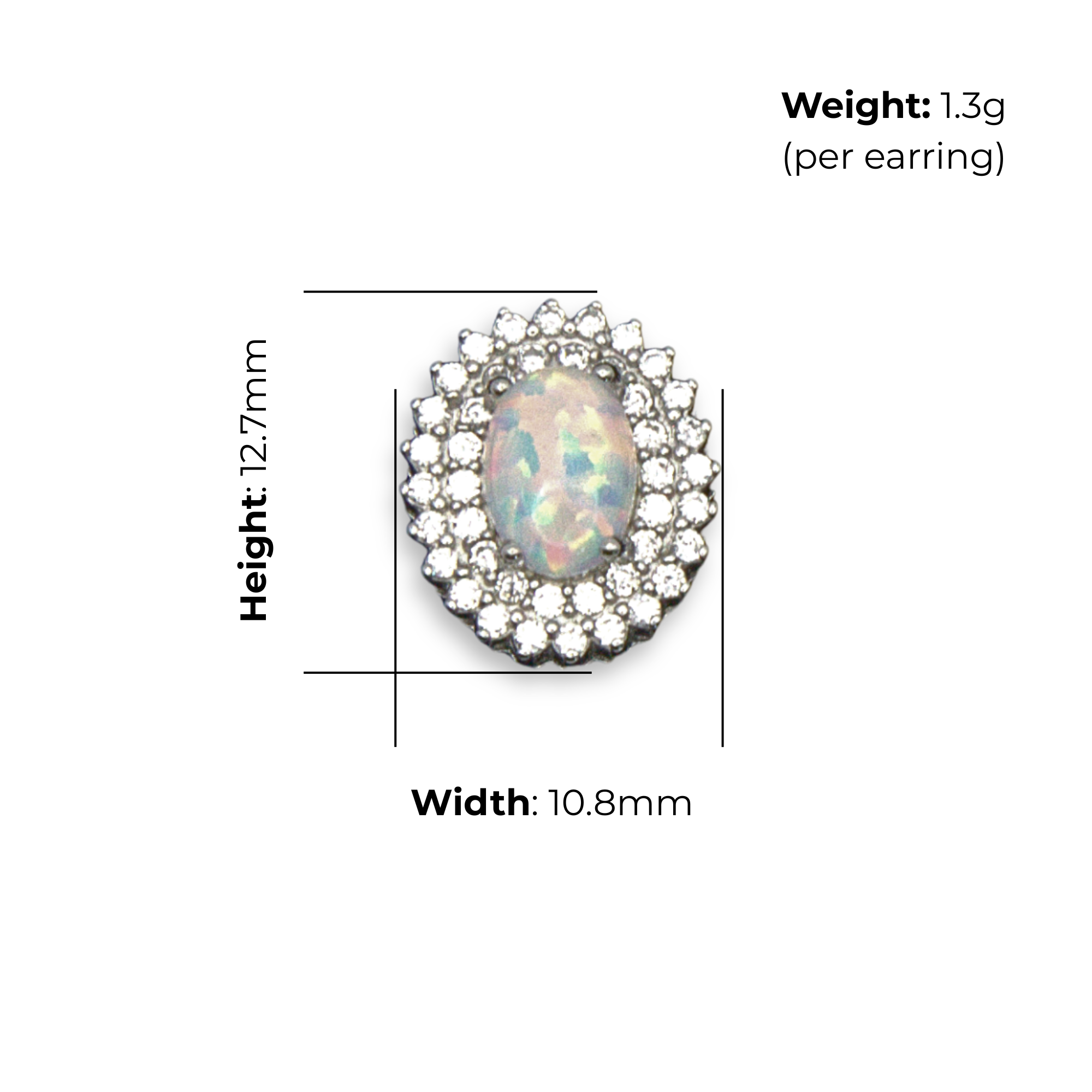 Sterling Silver Halo Stud Earrings, Synthetic Opal Centre Stone, product dimensions shown, width 10.8mm, height 12.7mm, weight 1.3g per earring.