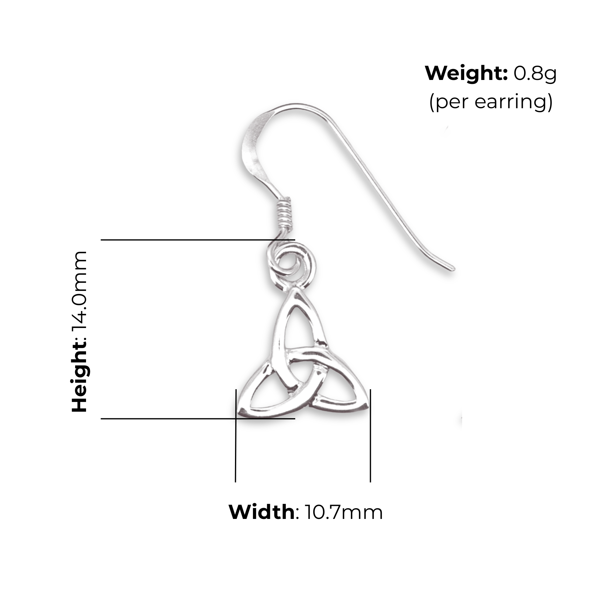 Sterling Silver Celtic Trinity Knot Drop Earrings, triquetra design, product dimensions shown, width 10.7mm, height 14mm, weight 0.8g per earring