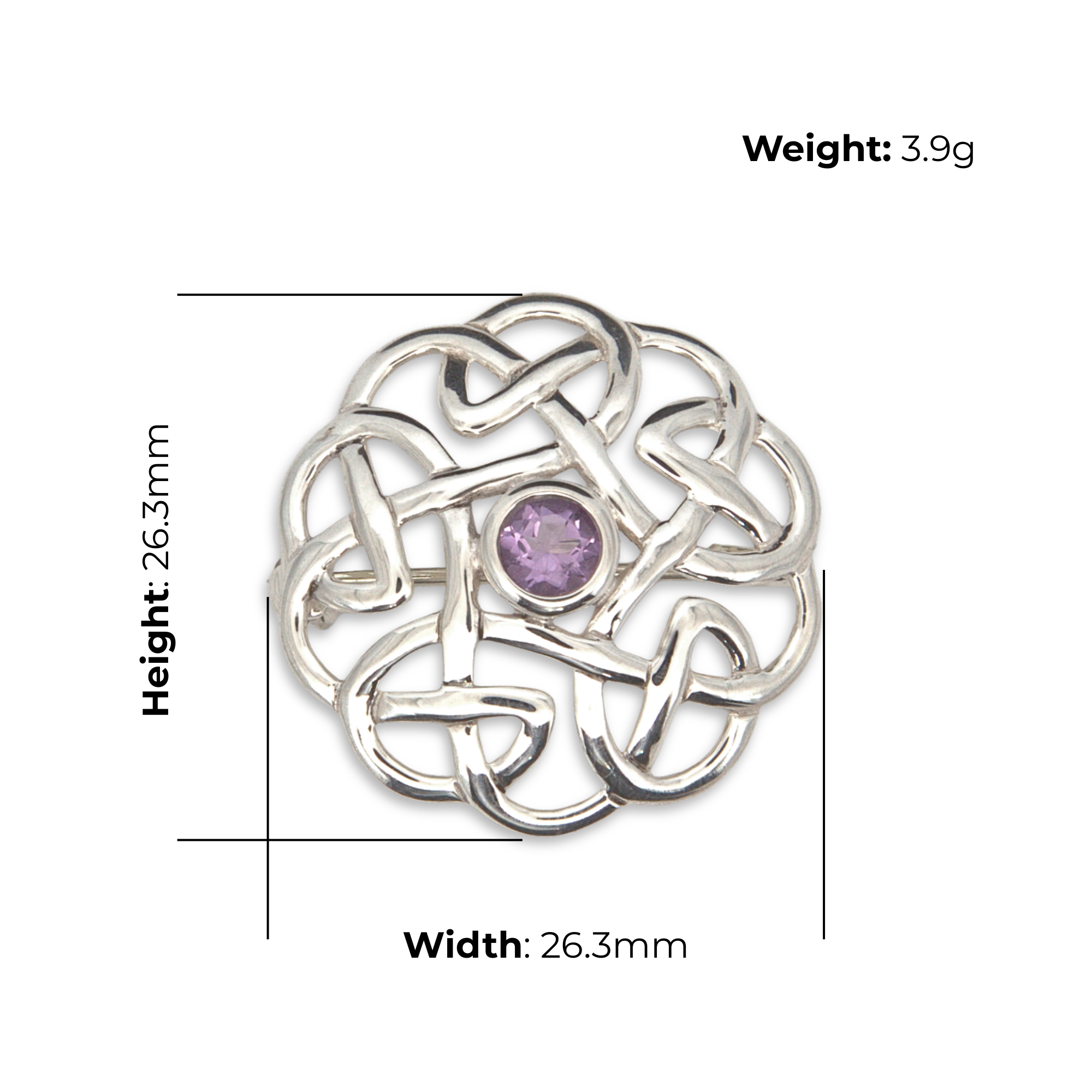 Sterling Silver Celtic Knotwork Brooch with purple stone, bezel set, product dimensions shown, width 26.3mm, height 26.3mm, weight 3.9g