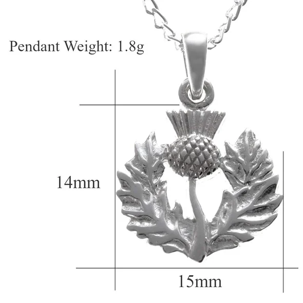 Sterling Silver Scottish Thistle Pendant, feathered head, crosshatched globe, wreath frame, product dimensions shown, width 15mm by height 14mm, weight 1.8g