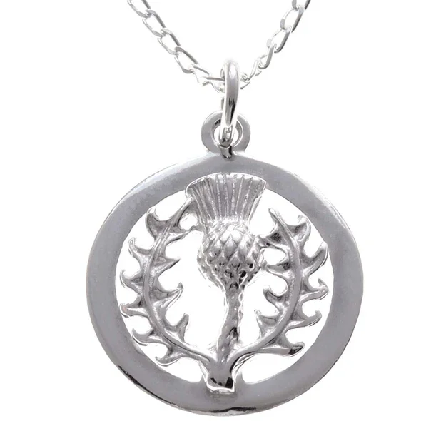 Sterling Silver Scottish Thistle Pendant, circular frame, feathered head, crosshatched globe, spiky leaves.