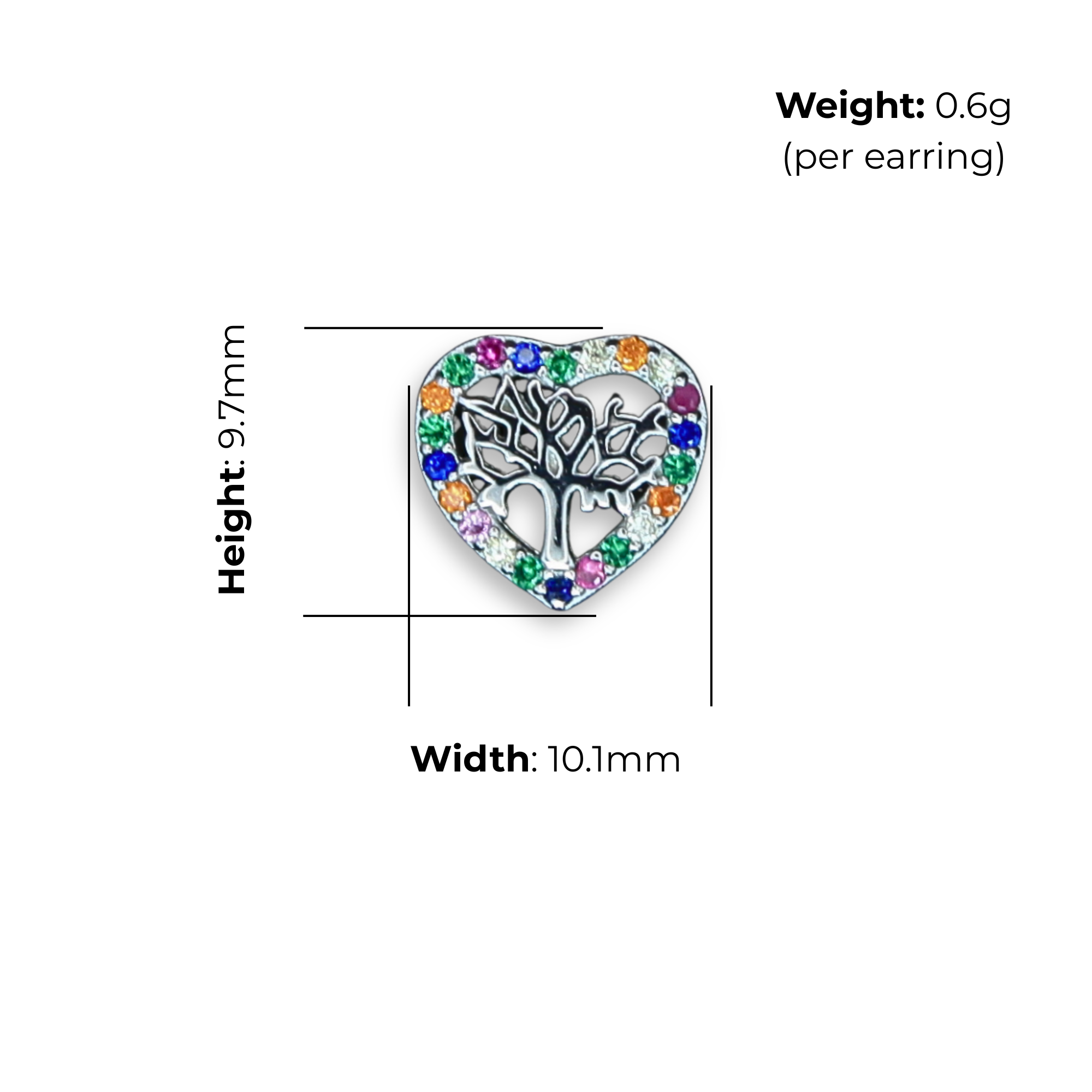 Sterling Silver Tree of Life Heart Stud Earrings, Multi-Colour CZ Border, product dimensions shown, width 10.1mm, height 9.7mm, weight 0.6g per earring.