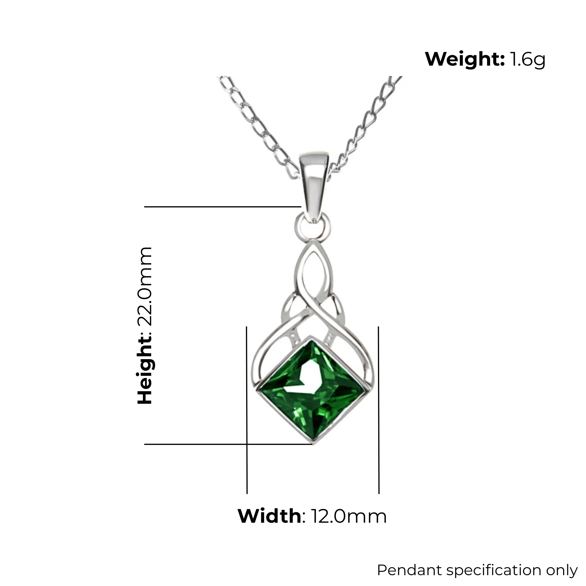 Sterling Silver Celtic Knotwork Pendant, square-cut green CZ stone, bezel set, product dimensions shown, width 12mm, height 22mm, weight 1.6g, pendant specification only