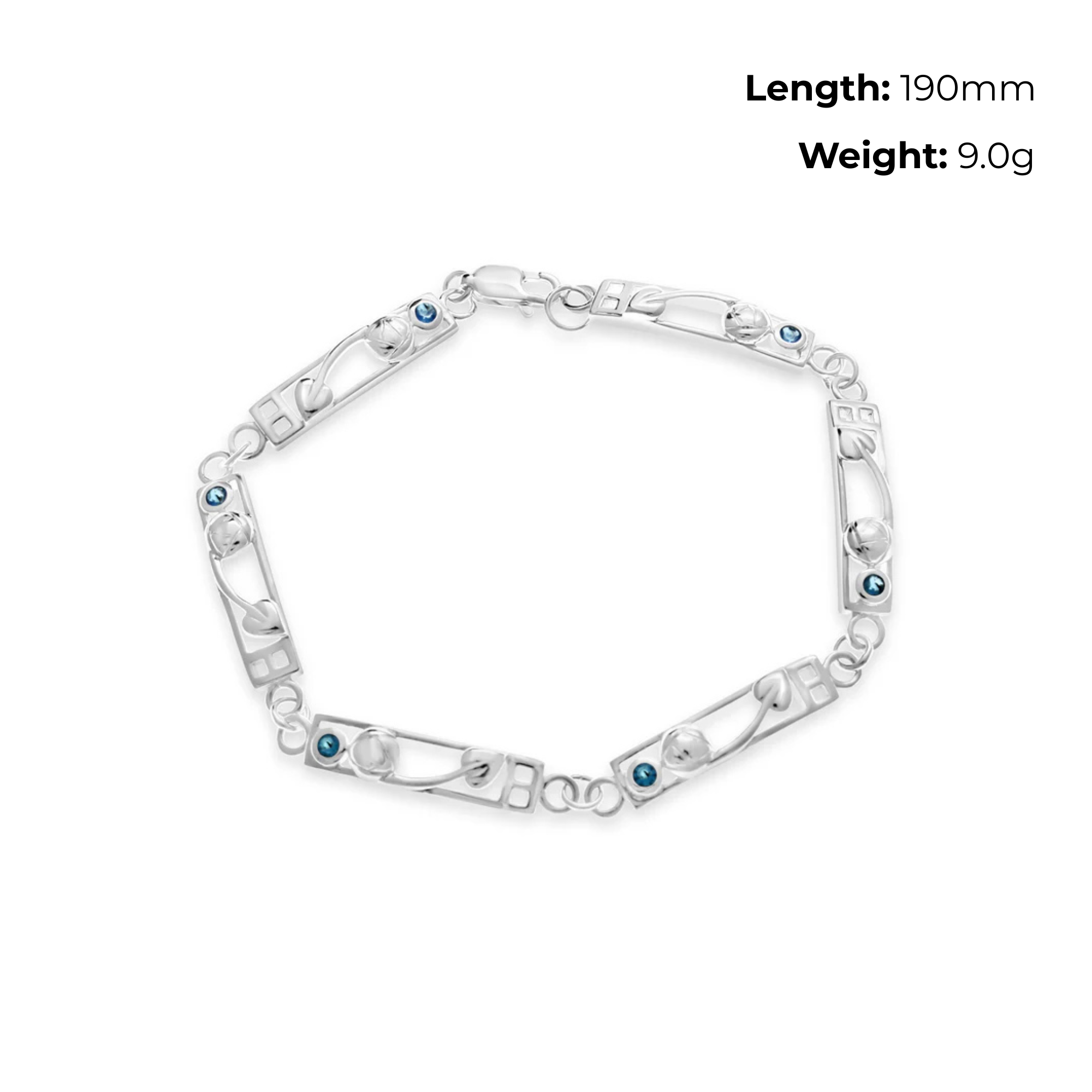 Sterling Silver Charles Rennie Mackintosh Bar Link Bracelet, blue cubic zirconia, product dimensions shown, length 190mm, weight 9g