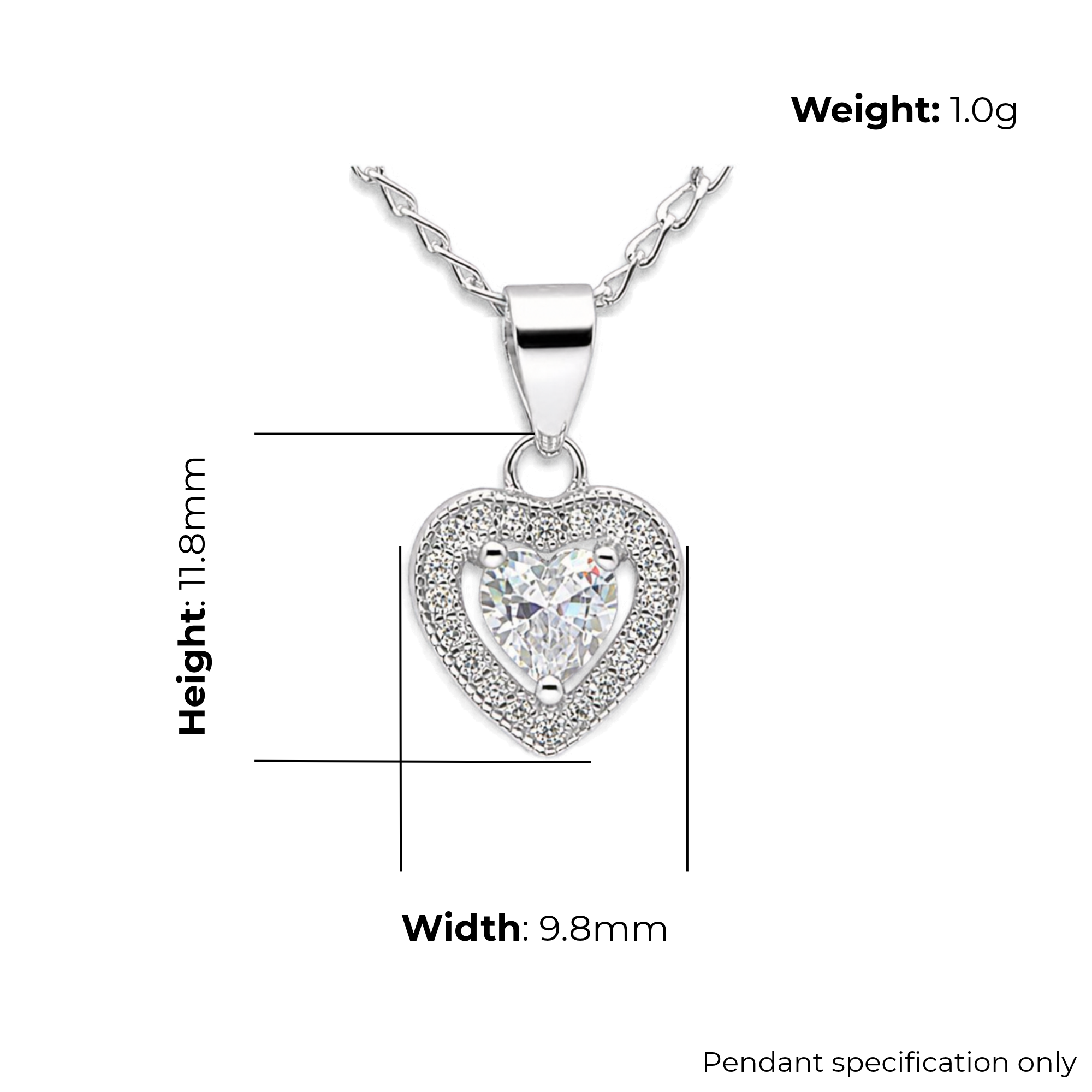 Sterling Silver Heart Pendant with CZ, product dimensions shown, width 9.8mm, height 11.8mm, weight 1g, pendant specification only