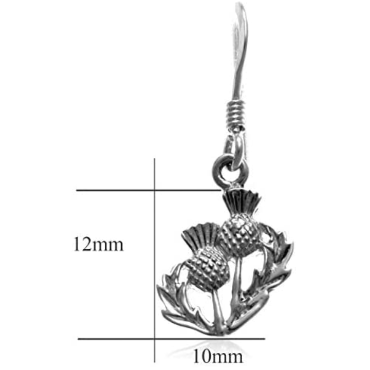 Sterling Silver Scottish Thistle Drop Earrings, oxidised finish, feathered head, open leaf design, 12mm x 10mm, fish hook fitting, product dimensions show, width 10mm by height 12mm