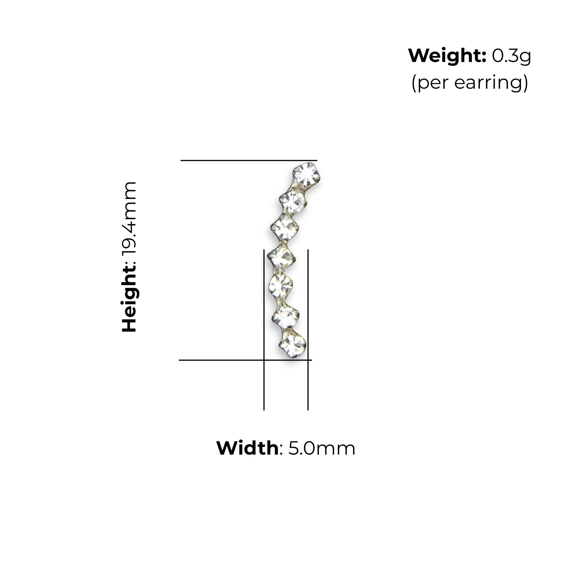 Sterling Silver Graduated CZ Drop Earrings, product dimensions shown, width 5.0mm, height 19.4mm, weight 0.3g per earring.
