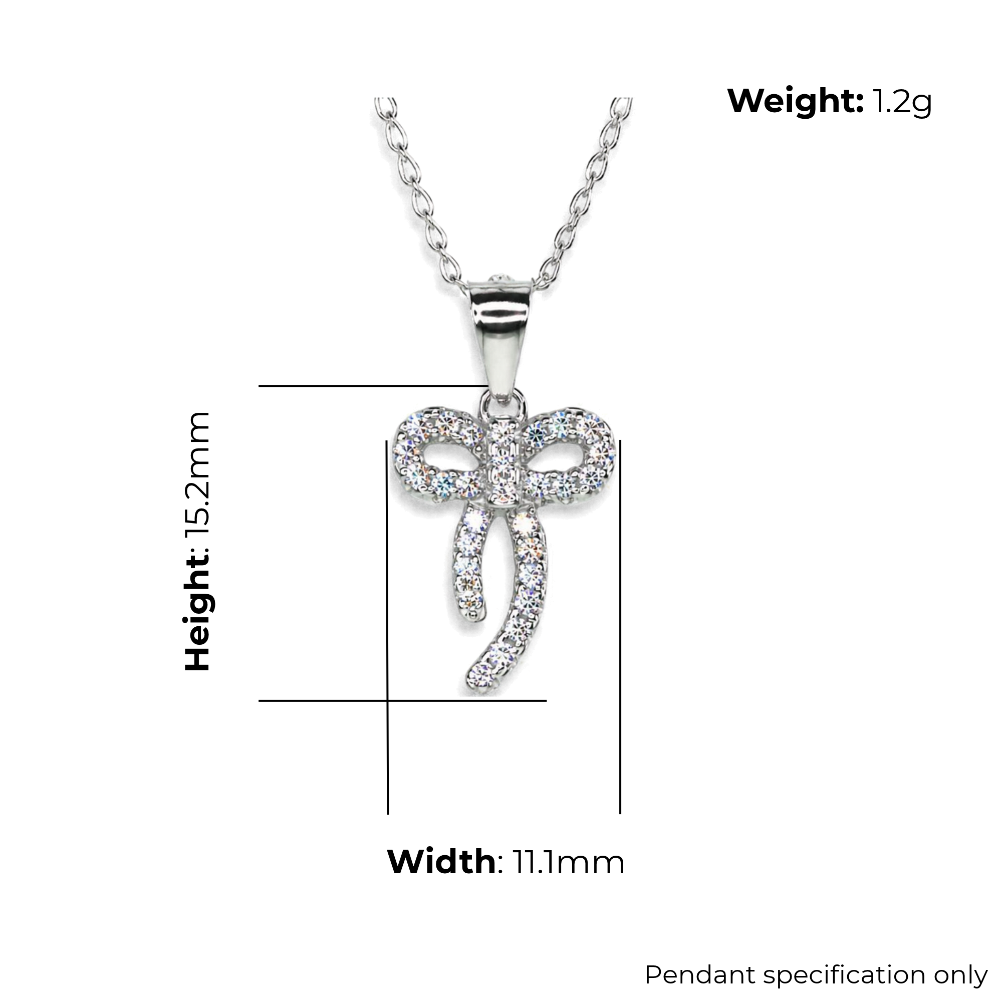 Sterling Silver Bow Pendant, Pave-Set CZ, product dimensions shown, width 11.1mm, height 15.2mm, weight 1.2g, pendant specification only.