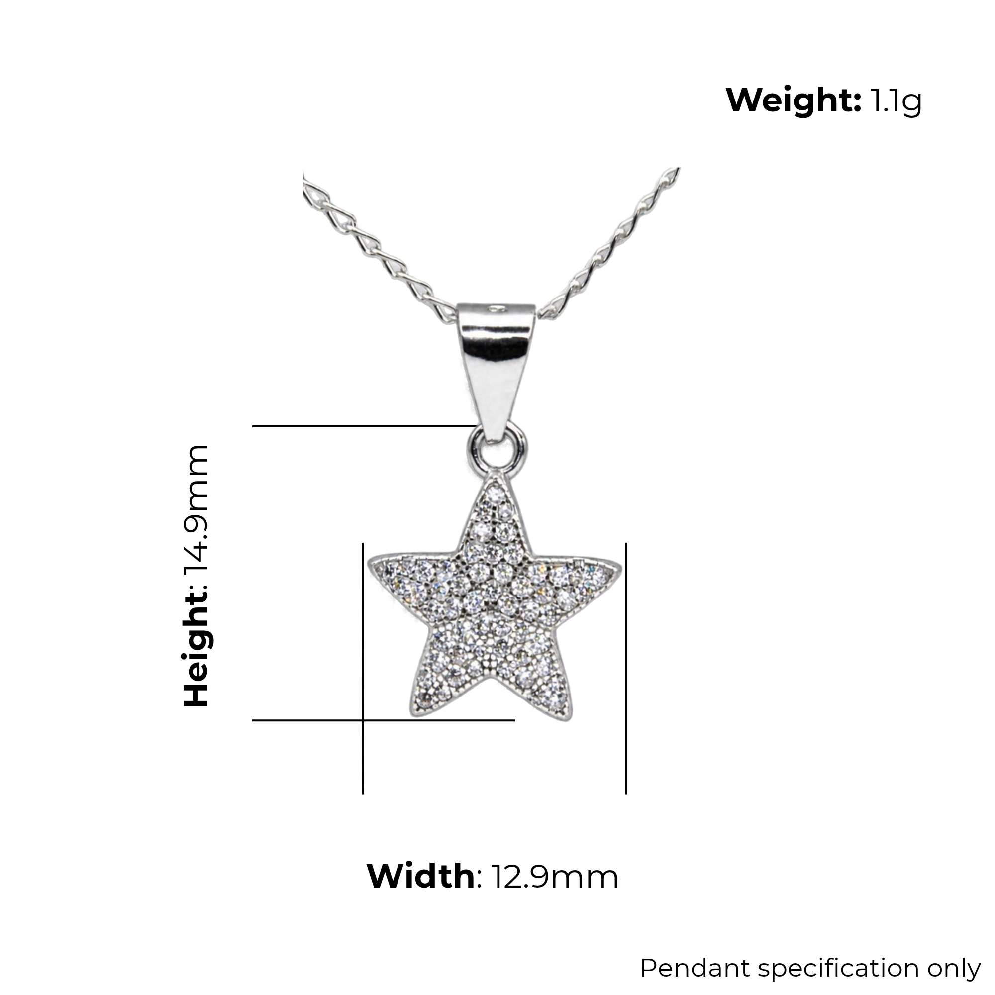Sterling Silver Star CZ Pendant, product dimensions shown, width 12.9mm, height 14.9mm, weight 1.1g, pendant specification only