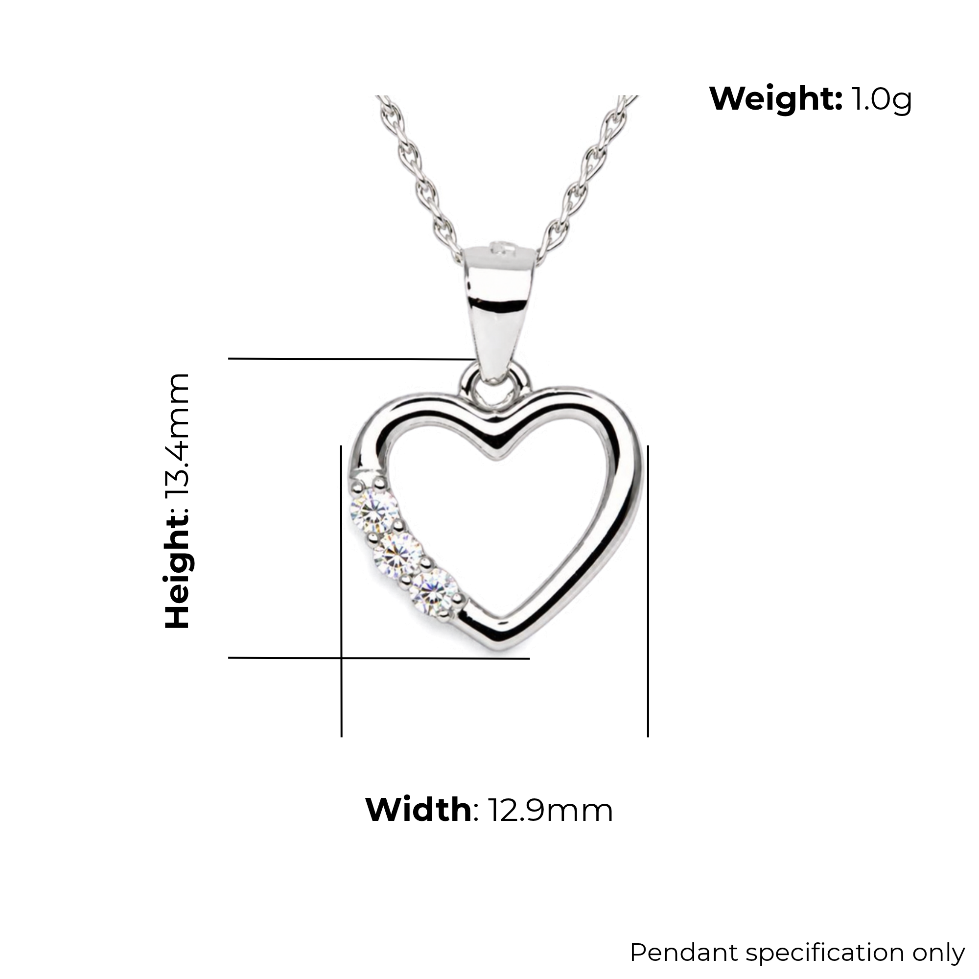 Meta: Sterling Silver Open Heart Pendant, CZ, product dimensions shown, width 12.9mm, height 13.4mm, weight 1.0g, pendant specification only