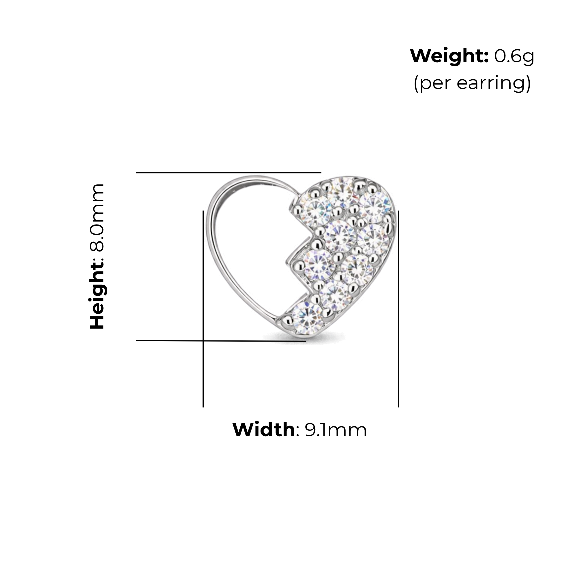 Sterling Silver Split Heart Stud Earrings, Solid Half Pave-Set CZ, product dimensions shown, width 9.1mm, height 8.0mm, weight 0.6g per earring.