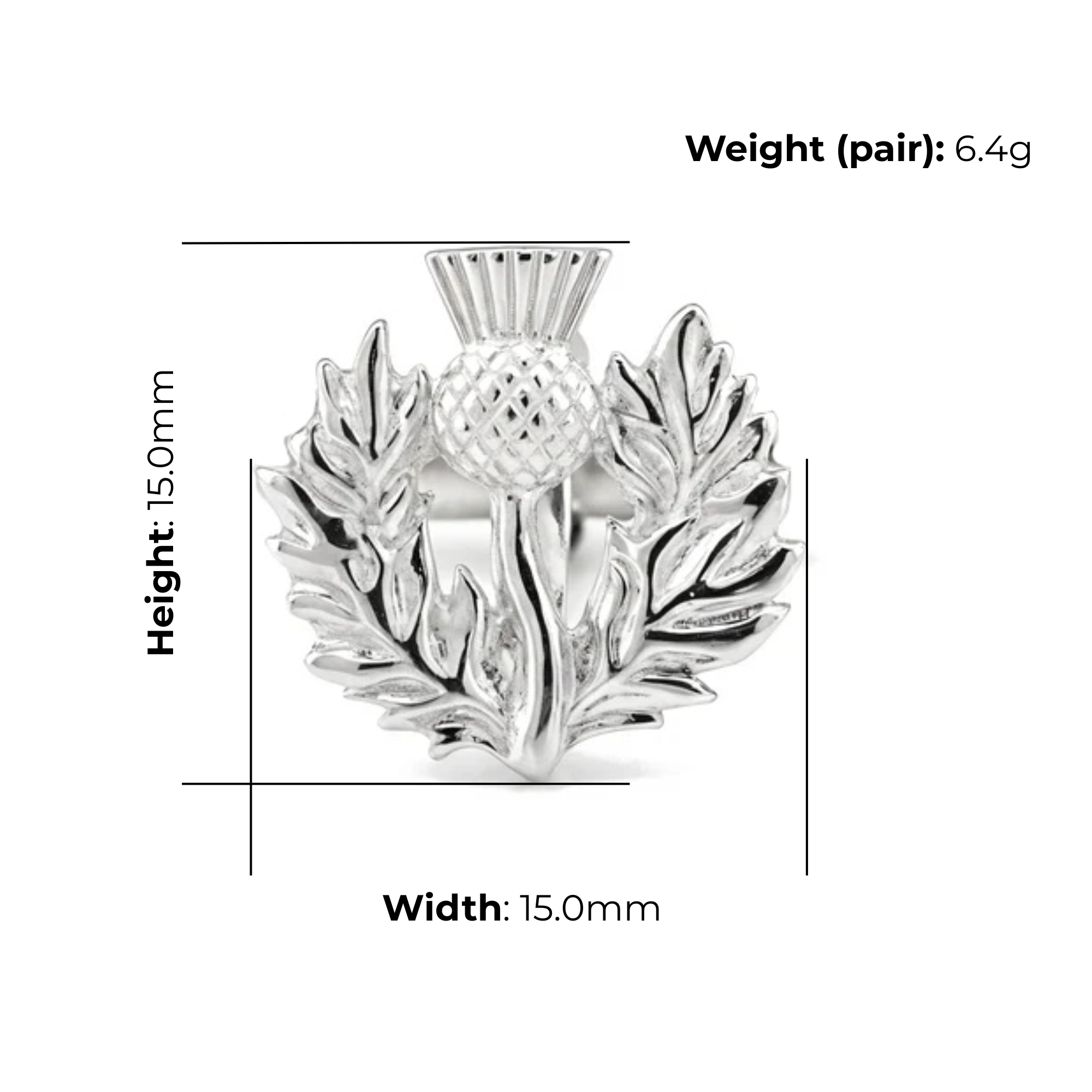 Sterling Silver Thistle Cufflinks, high relief design, product dimensions shown, width 15mm, height 15mm, weight (pair) 6.4g