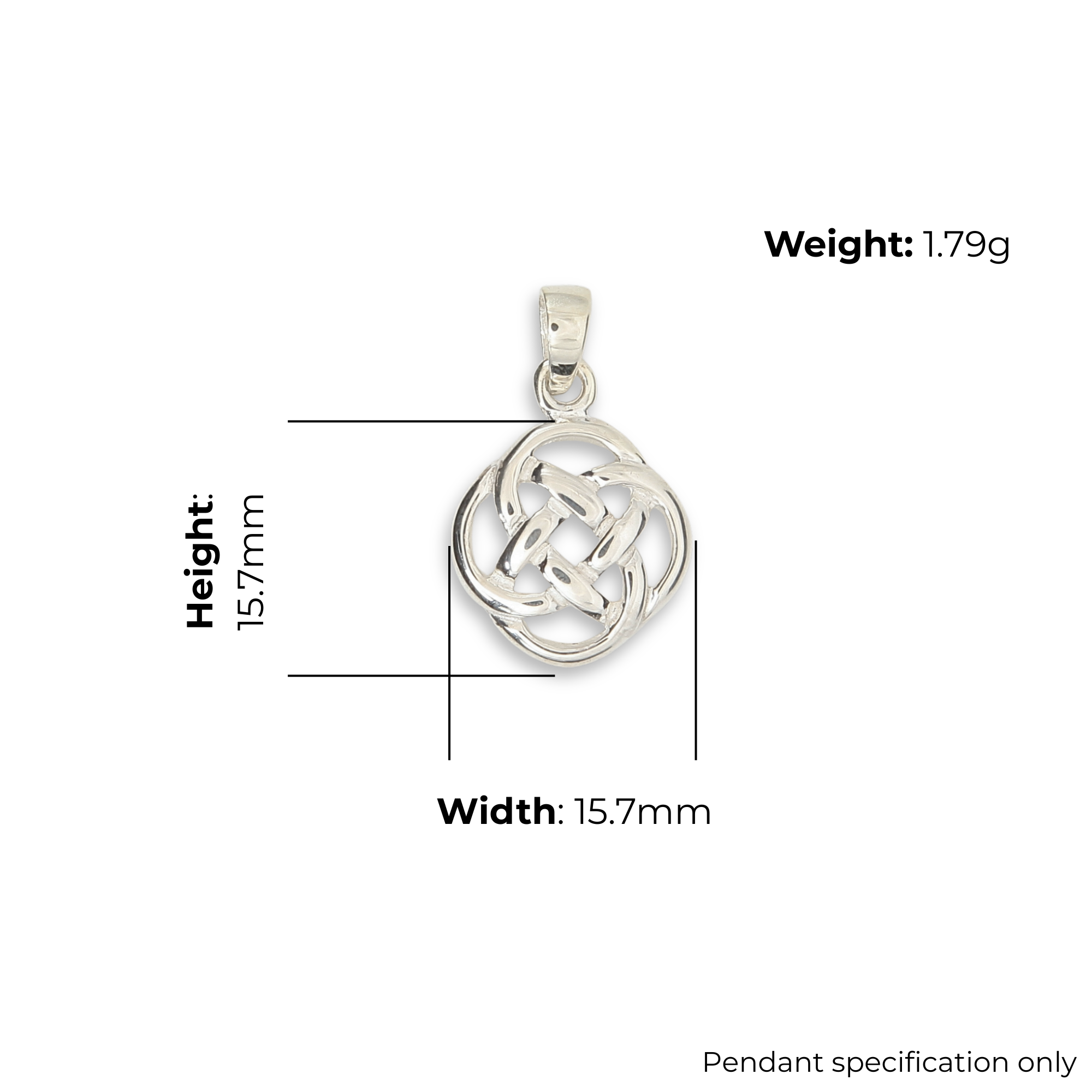 Sterling Silver Celtic Open Knotwork Round Pendant, continuous interlaced design, high mirror polish, product dimensions shown, width and height 15.7mm, weight 1.79g, pendant specification only.