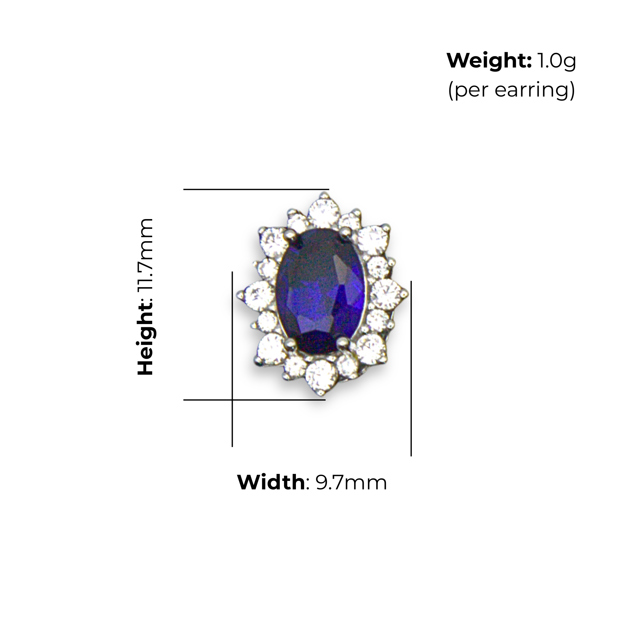 Sterling Silver Oval Halo Stud Earrings, Blue Stone, product dimensions shown, width 9.7mm, height 11.7mm, weight 1.0g per earring.