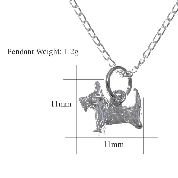 Sterling Silver Scottish Terrier Pendant, sculpted Scottie dog form, engraved coat detail, product dimensions shown, width 11mm by height 11mm, weight 1.2g