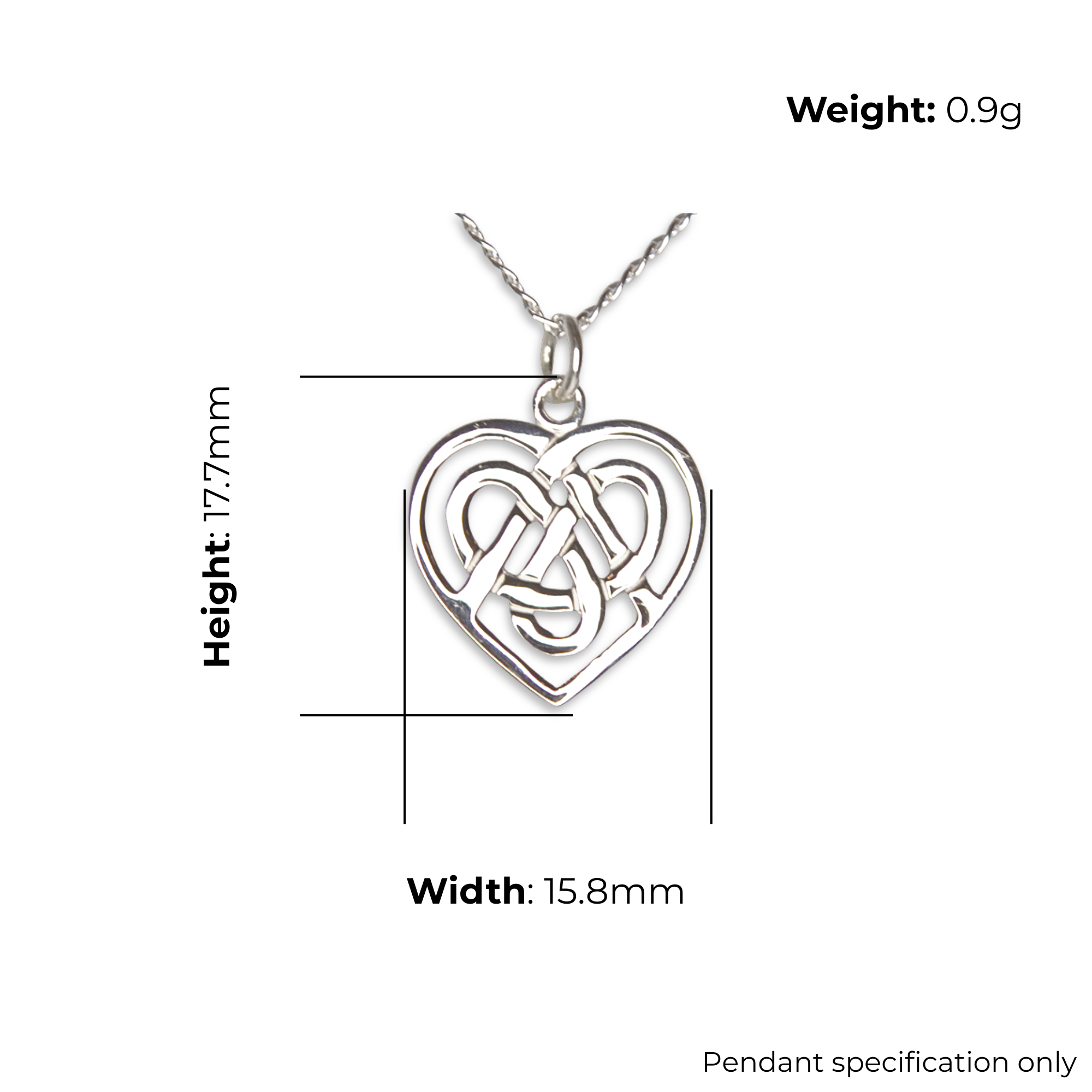 Sterling Silver Celtic Knot Heart Pendant, Interlaced Design, product dimensions shown, width 15.8mm, height 17.7mm, weight 0.9g, pendant specification only.