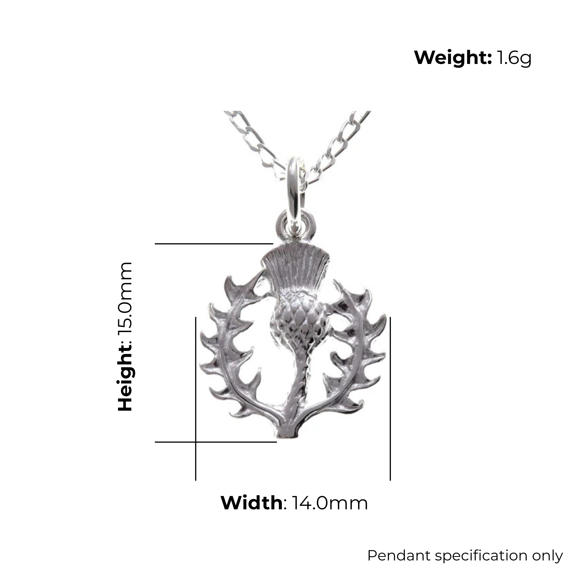 Sterling Silver Scottish Thistle Pendant, feathered head, crosshatched globe, open spiky leaf surround, product dimensions shown, width 14mm, height 15mm, weight 1.6g, pendant specification only