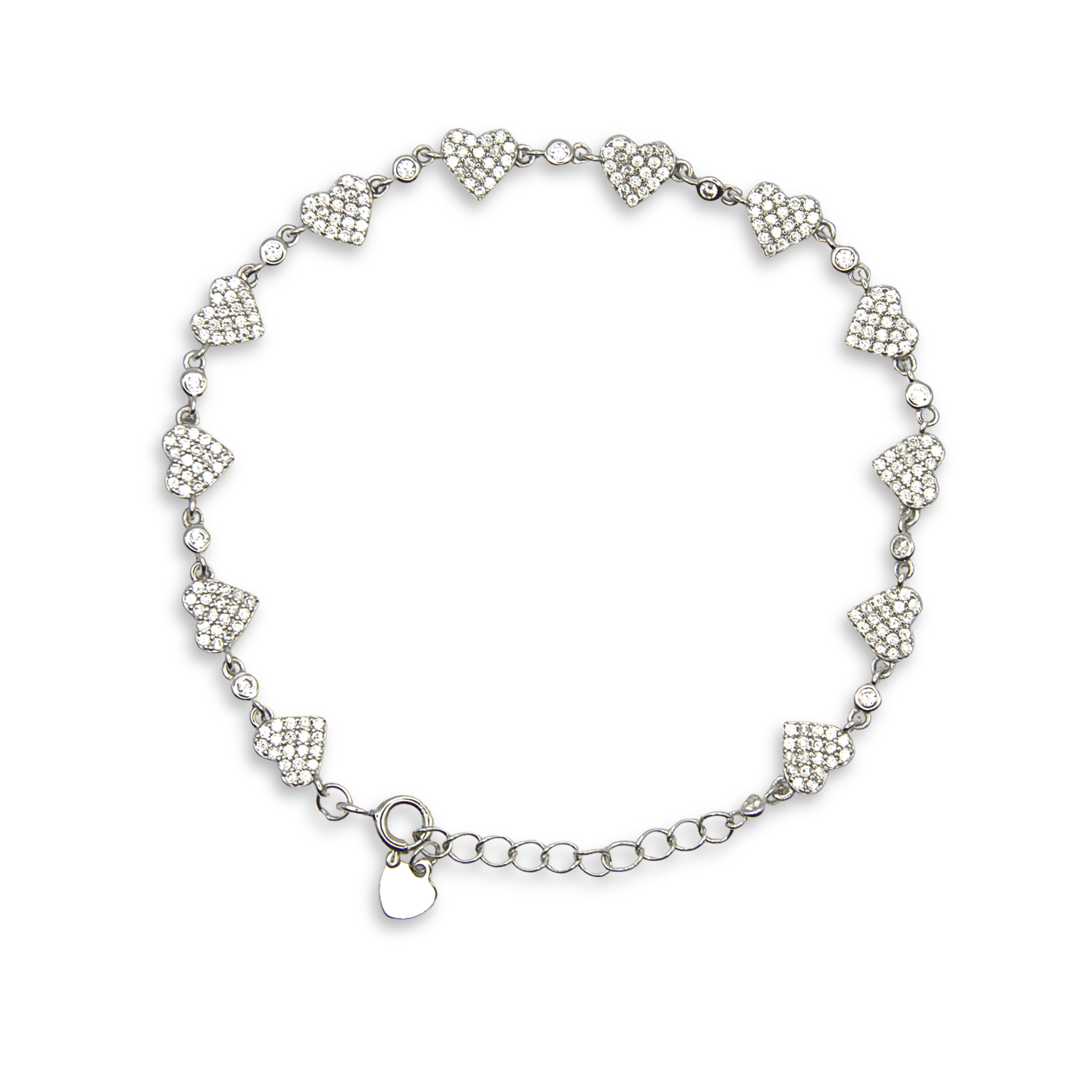 Sterling Silver Heart Link Bracelet, Pave-Set CZ