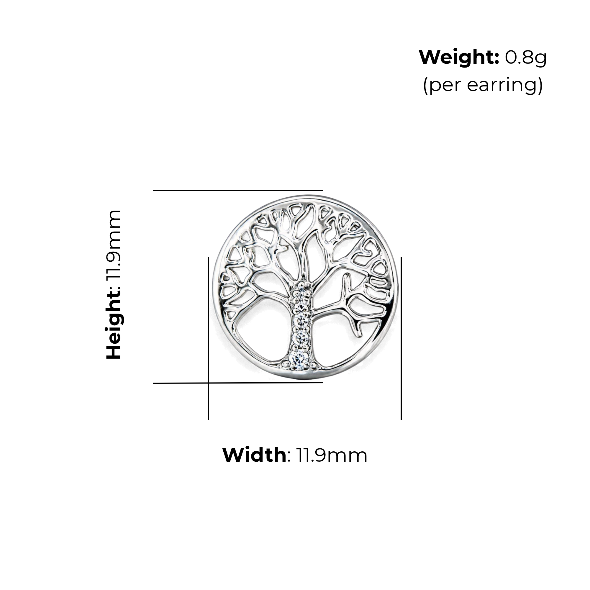 Sterling Silver Tree of Life Stud Earrings, Open Branch Design, product dimensions shown, width 11.9mm, height 11.9mm, weight 0.8g per earring.