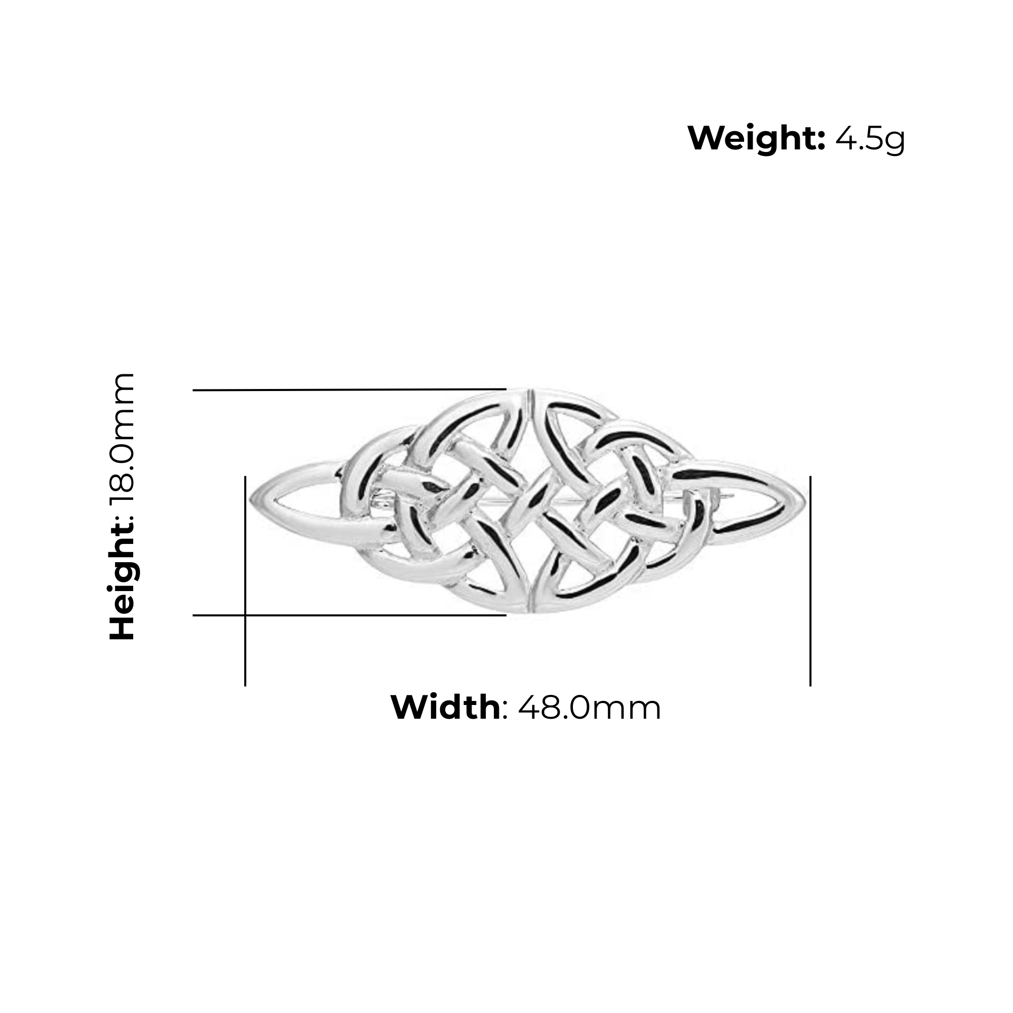 Sterling Silver Celtic Knot Navette Brooch, Trinity knots, product dimensions shown, width 48mm, height 18mm, weight 4.5g