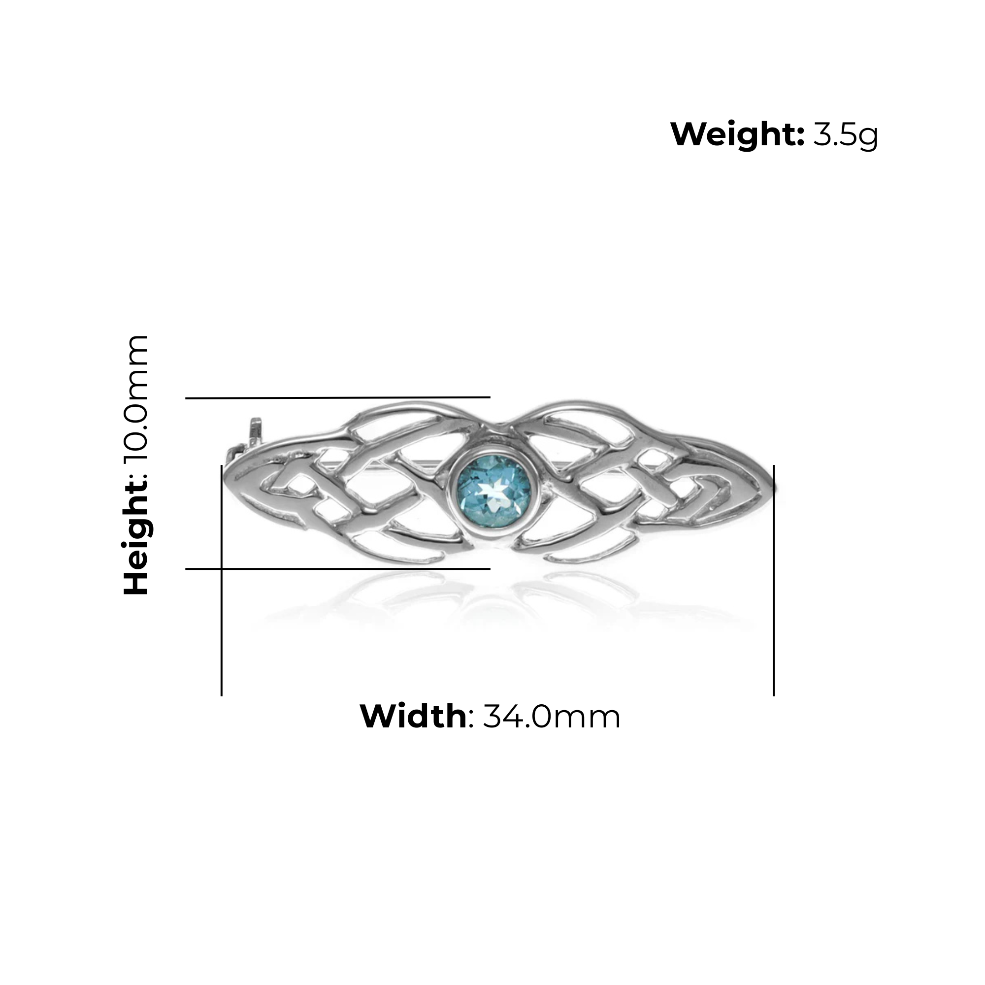 Sterling Silver Celtic Knot Navette Brooch, round blue cubic zirconia, width 34mm, height 10mm, weight 3.5g