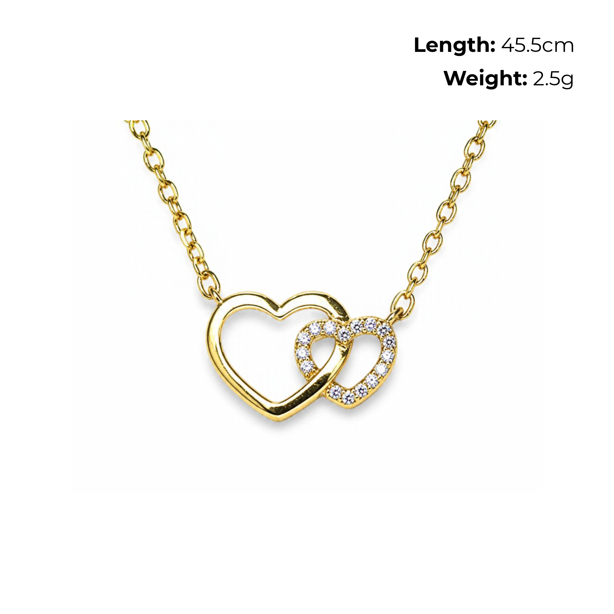 Sterling Silver Interlocking Hearts Necklet, Gold Plated, CZ Detail, product dimensions shown, length 45.5cm, weight 2.5g.