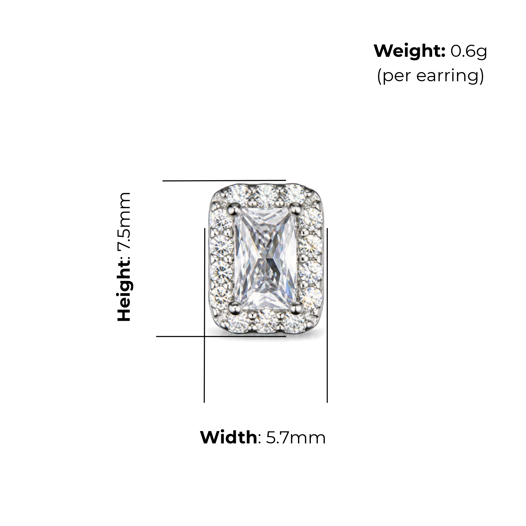 Sterling Silver CZ with Halo Stud Earrings, product dimensions shown, width 5.7mm, height 7.5mm, weight 0.6g per earring.