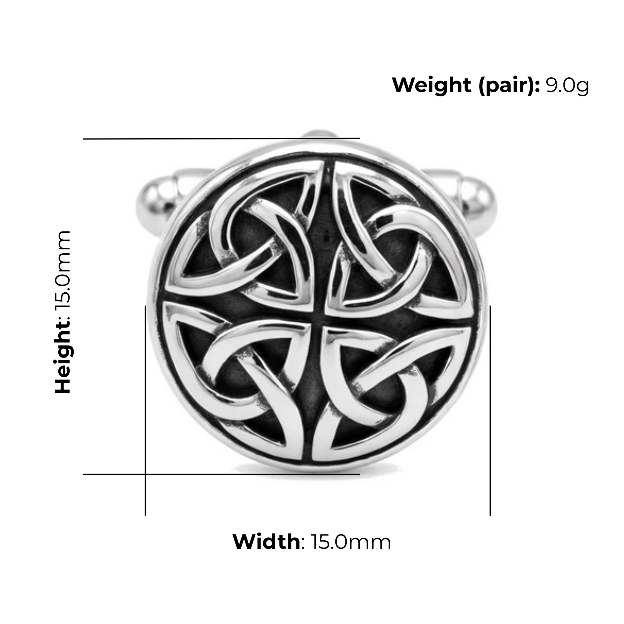 Sterling Silver Celtic Knot Cufflinks, oxidised finish, product dimensions shown, width 15mm, height 15mm, weight (pair) 9g