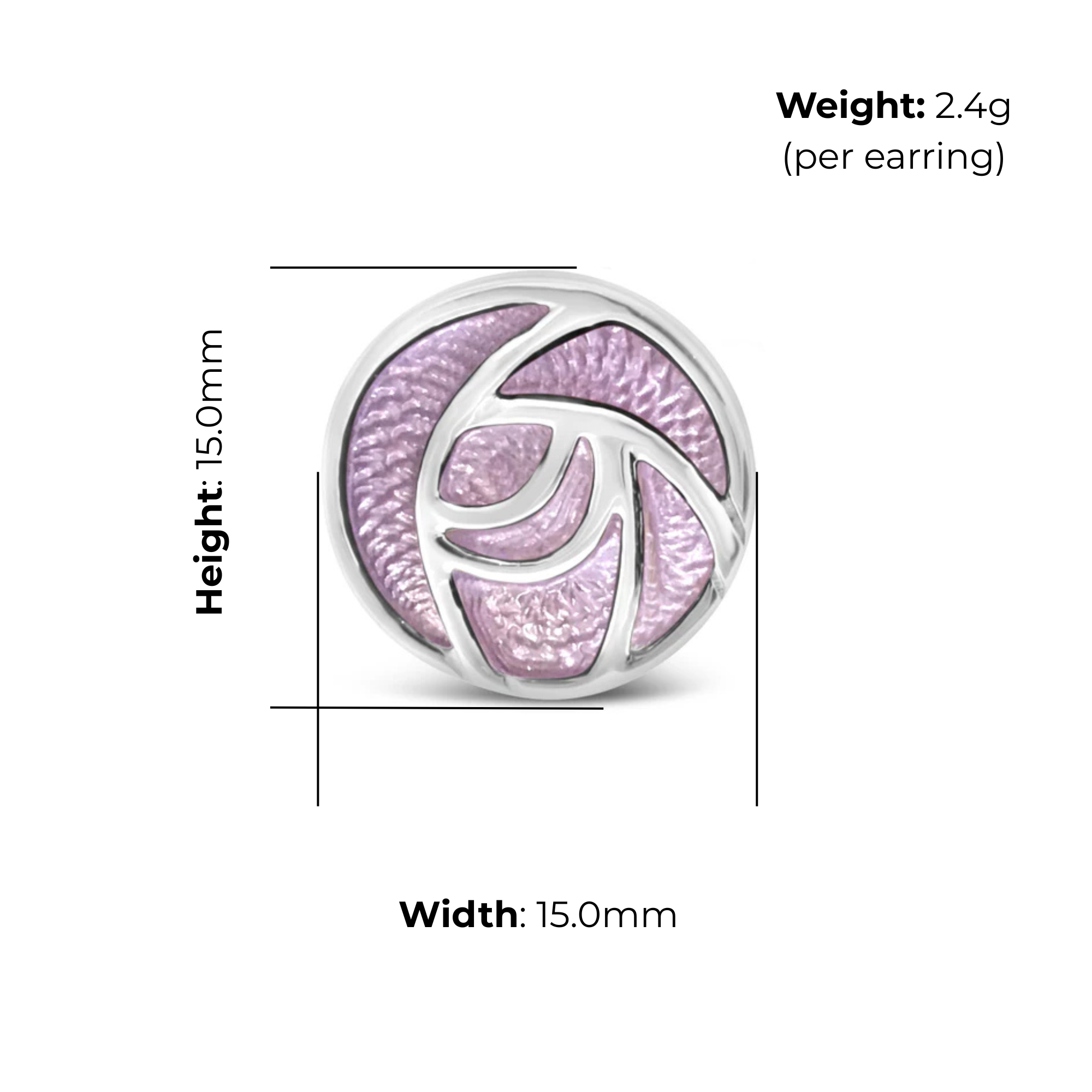 Sterling Silver Charles Rennie Mackintosh Circle Stud Earrings, pink enamel rose design, product dimensions shown, width 15mm, height 15mm, weight 2.4g per earring