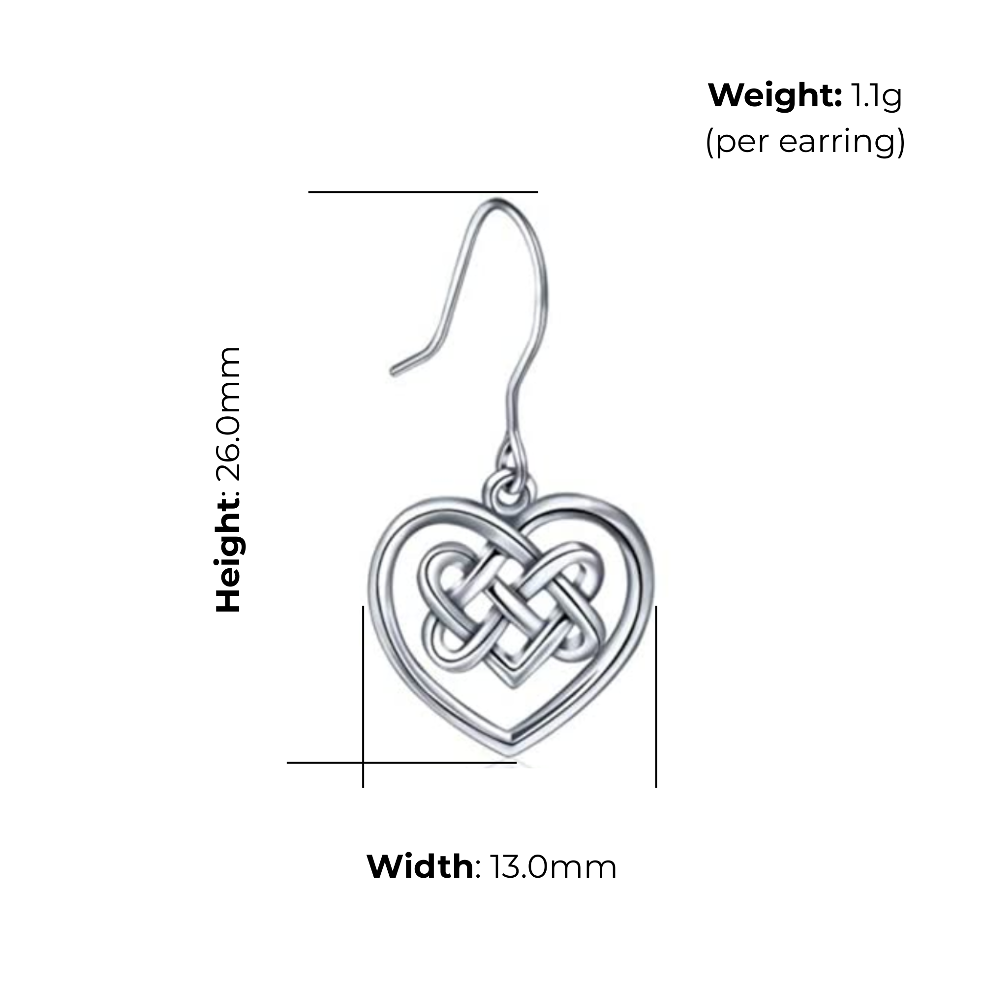 Sterling Silver Celtic Knotwork Heart Drop Earrings, basketweave interlace interior, open heart frame, fish hook fitting, product dimensions shown, width 13mm, height 26mm, weight 1.1g per earring