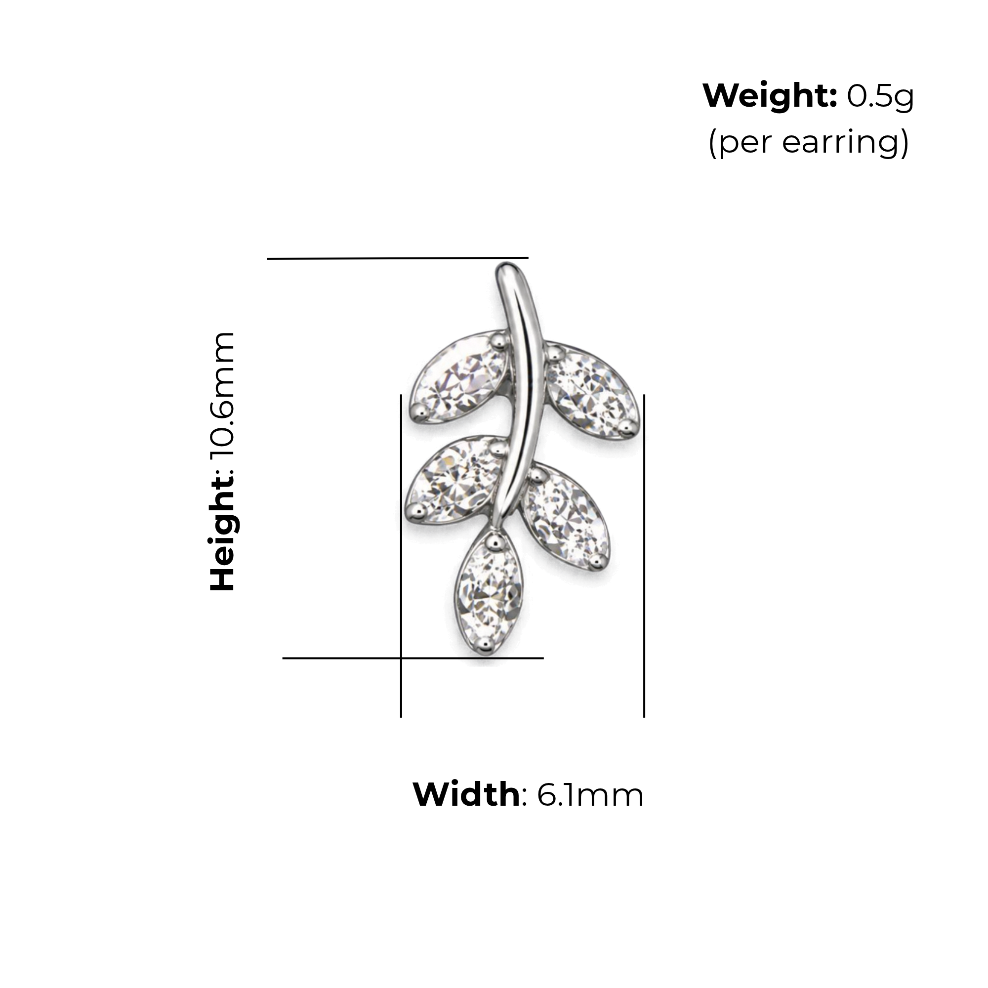 Sterling Silver Leaf Branch CZ Stud Earrings, product dimensions shown, width 6.1mm, height 10.6mm, weight 0.5g per earring