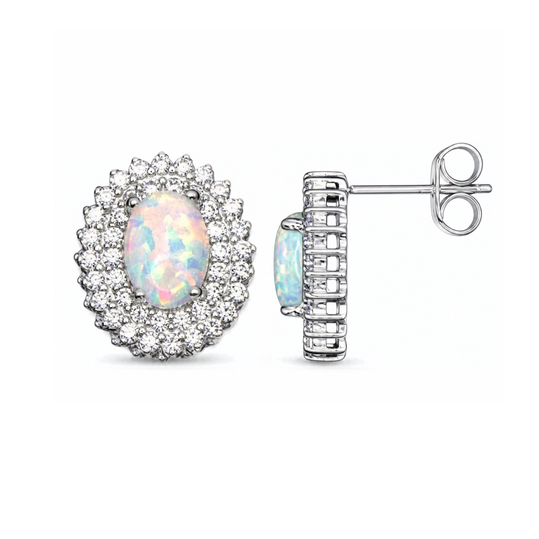 Sterling Silver Halo Stud Earrings, Synthetic Opal Centre Stone