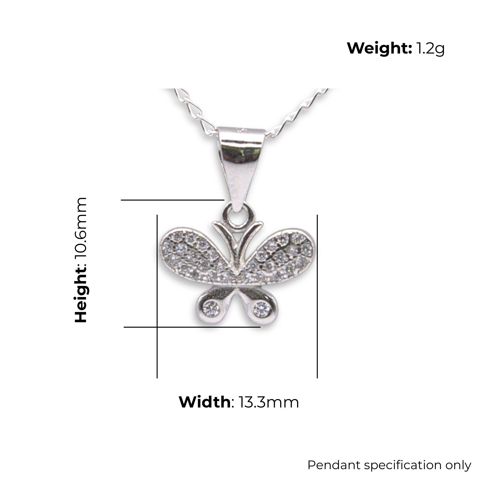 Sterling Silver Butterfly CZ Pendant, product dimensions shown, width 13.3mm, height 10.6mm, weight 1.2g, pendant specification only