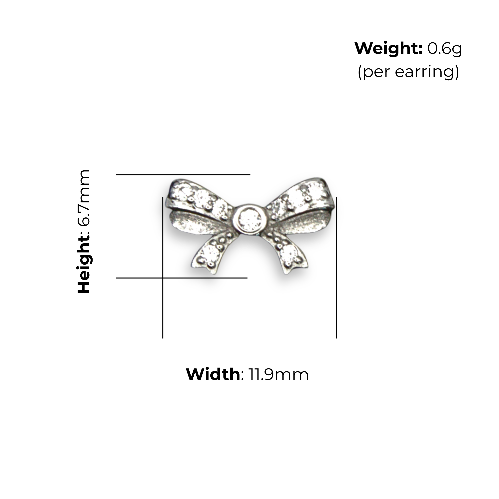 Sterling Silver Bow Stud Earrings, CZ Detail, product dimensions shown, width 11.9mm, height 6.7mm, weight 0.6g per earring.