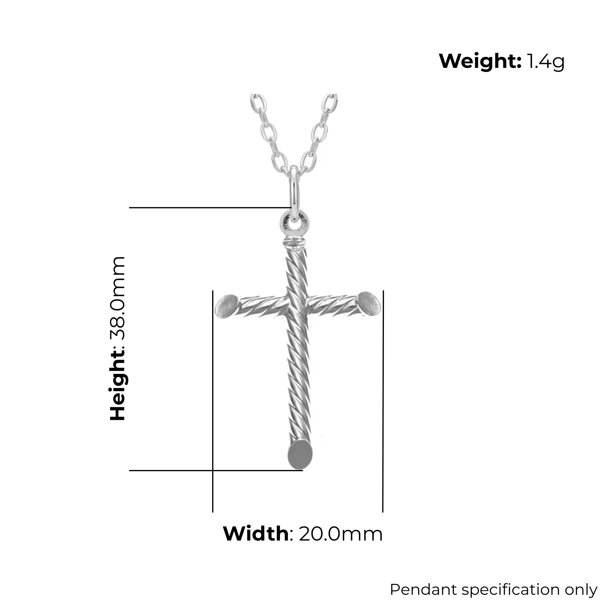 Sterling Silver Plain Cross Pendant, rope twist design, product dimensions shown, width 20mm, height 38mm, weight 1.4g, pendant specification only