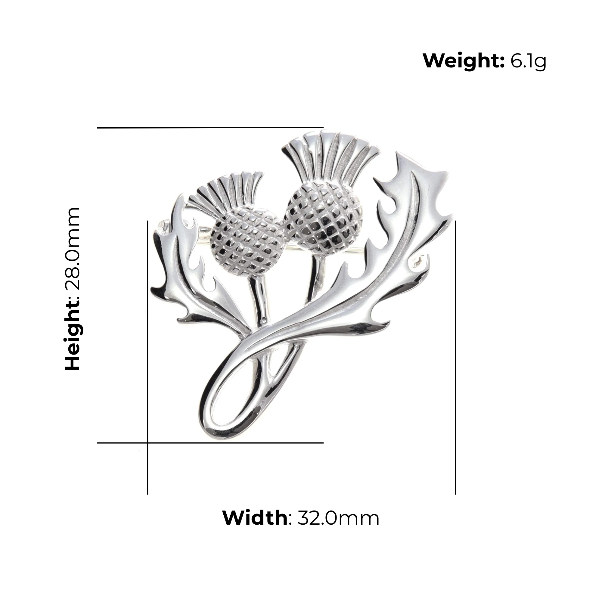 Sterling Silver Double Thistle Brooch, crosshatched design, product dimensions shown, width 32mm, height 28mm, weight 6.1g