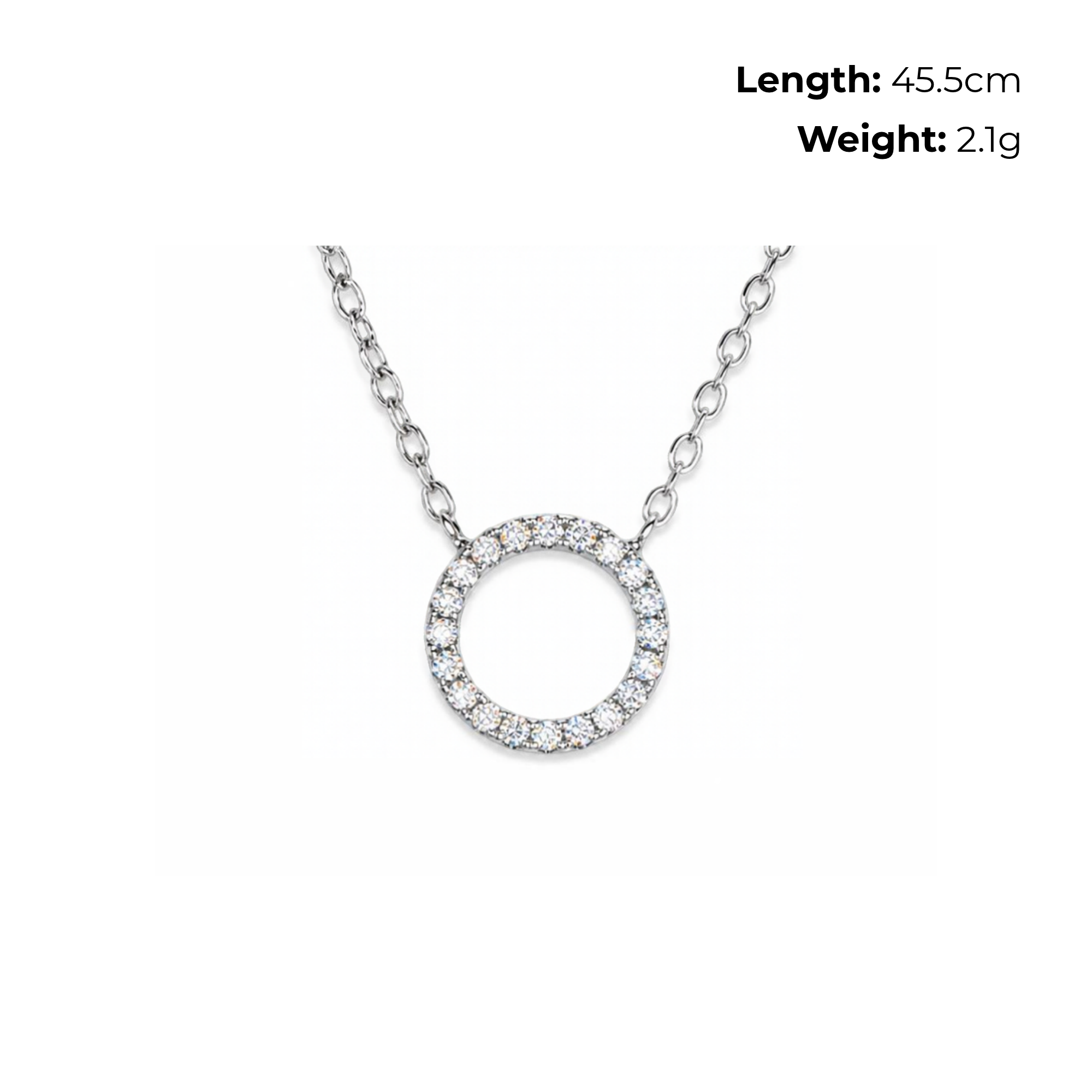 Sterling Silver Circle Necklet with CZ, product dimensions shown, length 45.5cm, weight 2.1g