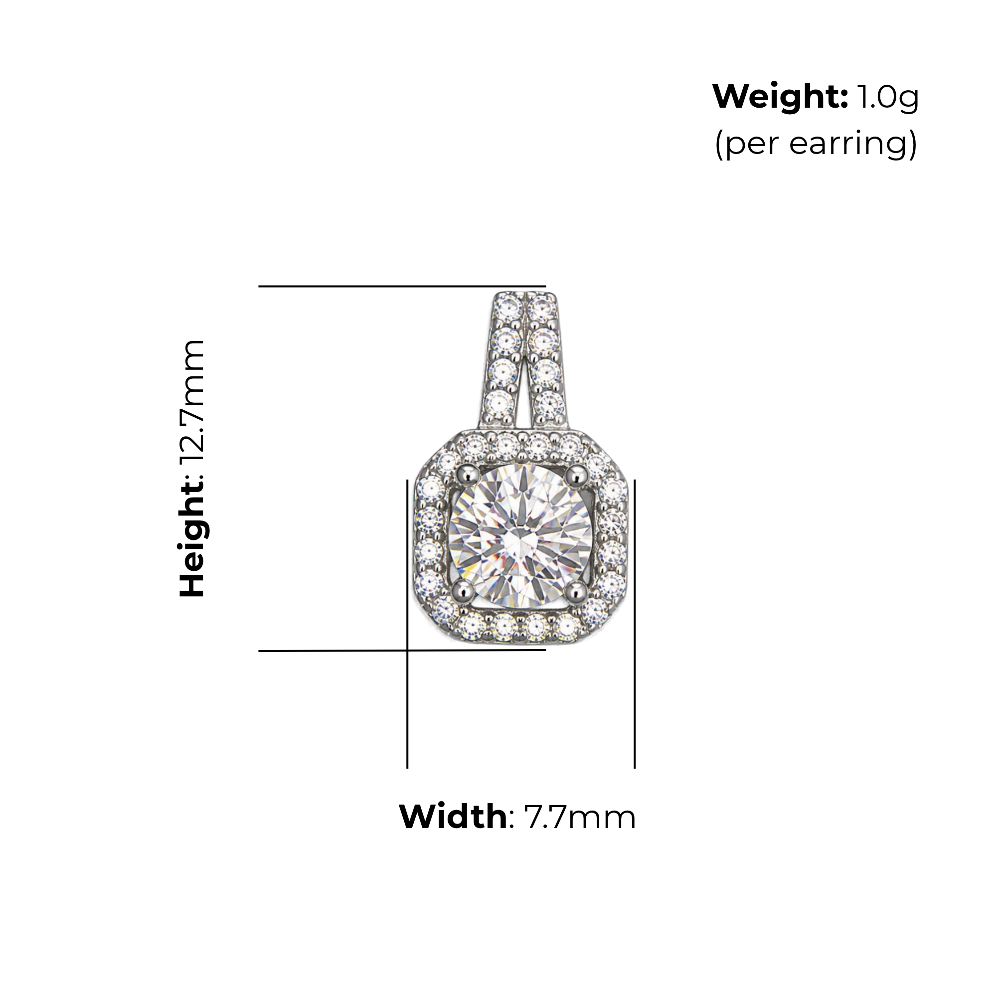 Sterling Silver Round CZ with Halo Stud Earrings, product dimensions shown, width 7.7mm, height 12.7mm, weight 1g per earring
