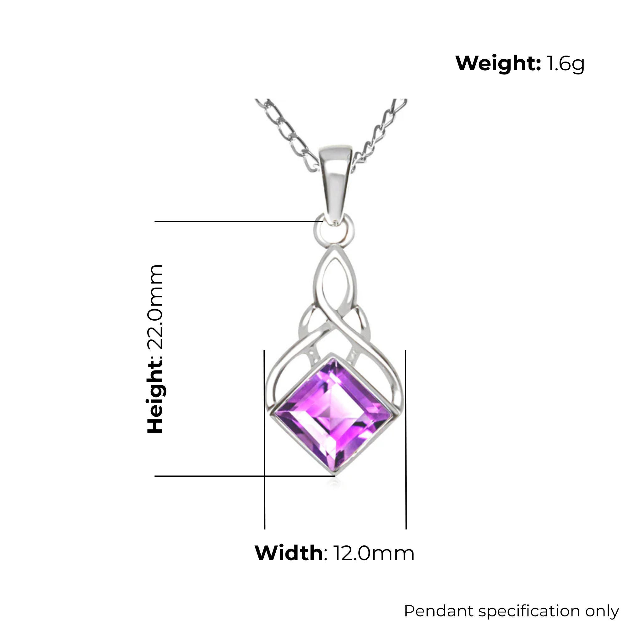 Sterling Silver Celtic Knotwork Pendant, square-cut amethyst stone, bezel set, product dimensions shown, width 12 mm, height 22mm, weight 1.6g, pendant specification only