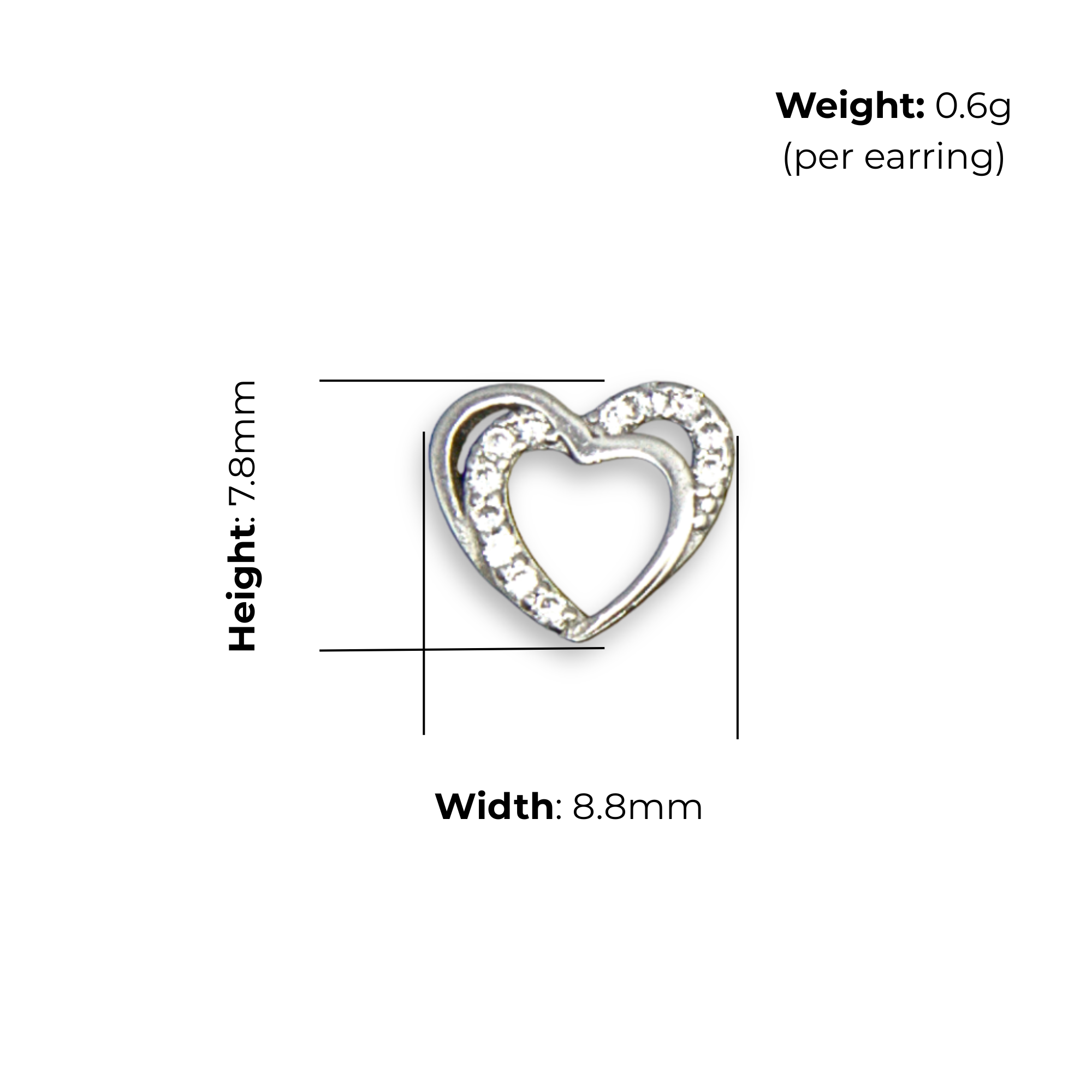 Sterling Silver Double Outline Heart Stud Earrings, Pave-Set CZ, product dimensions shown, width 8.8mm, height 7.8mm, weight 0.6g per earring.