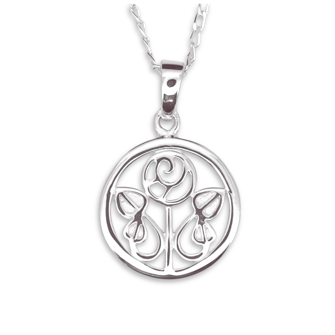 Sterling Silver Charles Rennie Mackintosh Rose Pendant, heart-shaped leaves, 18.5mm