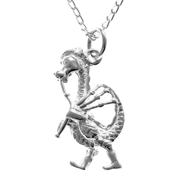 Sterling Silver Nessie Bagpiper Pendant, Loch Ness Monster playing bagpipes, sculpted novelty form.
