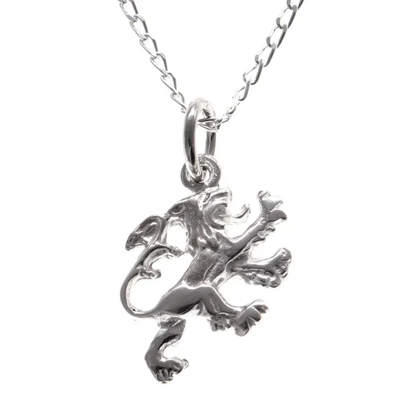 Sterling Silver Scottish Lion Rampant Pendant, sculpted heraldic form, engraved detail.