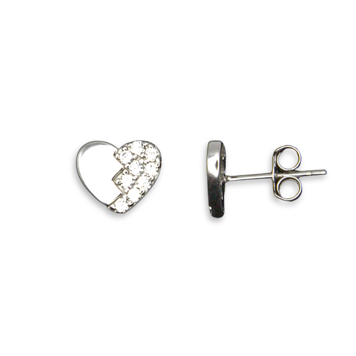 Sterling Silver Split Heart Stud Earrings, Solid Half Pave-Set CZ