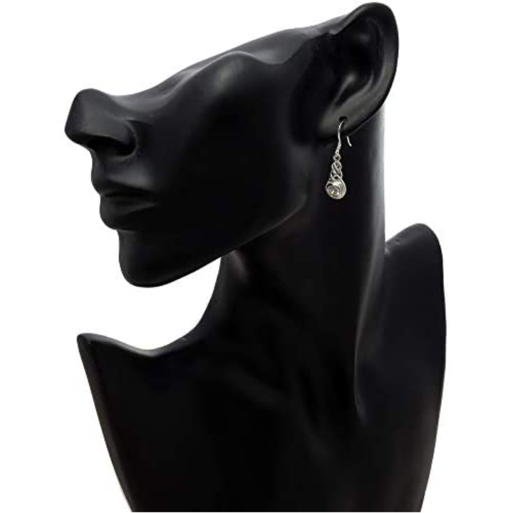 Sterling Silver Celtic Knotwork Drop Earrings, round clear CZ bezel set, high mirror polish, fish hook fitting, shown on modelling bust at ear.