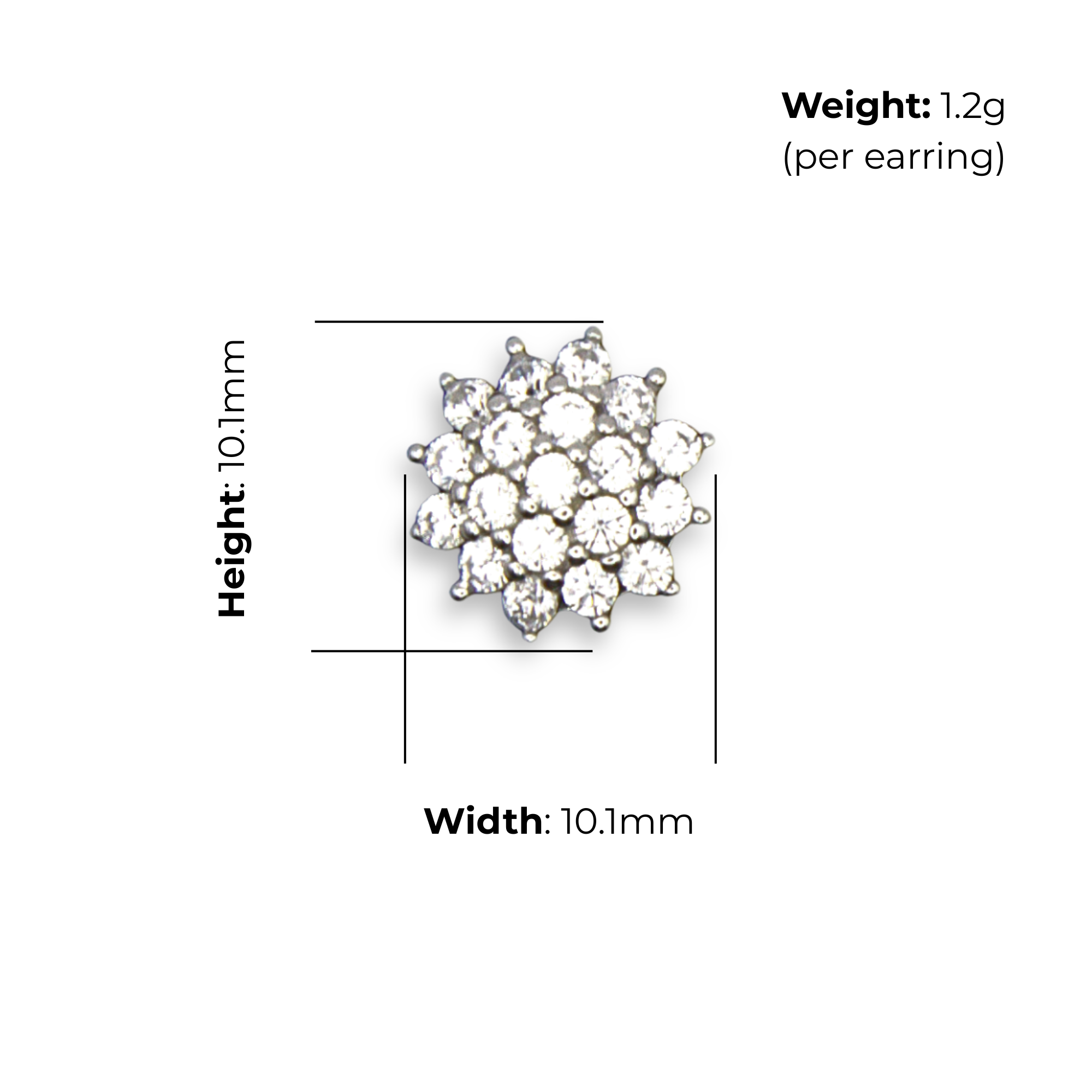 Sterling Silver Flower Cluster Stud Earrings, Pave-Set CZ, product dimensions shown, width 10.1mm, height 10.1mm, weight 1.2g per earring.