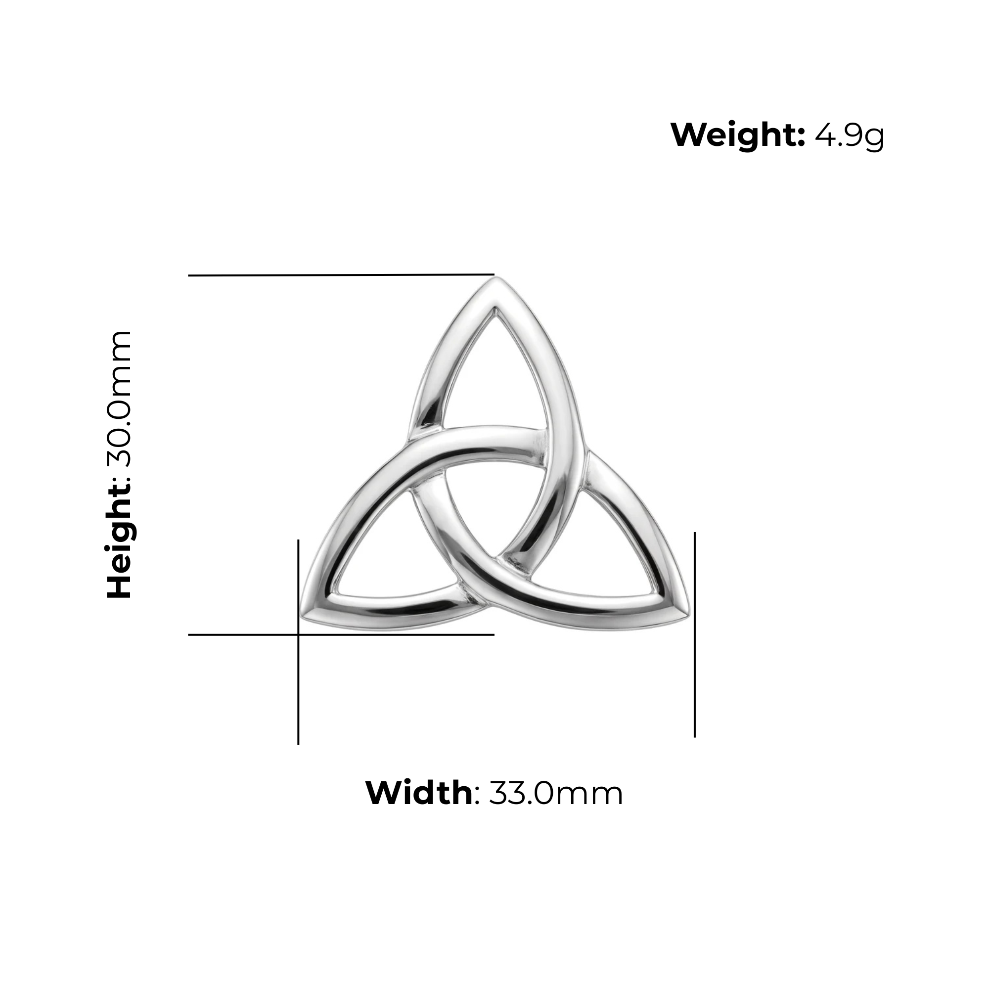 Sterling Silver Trinity Knot Brooch, open triquetra form, product dimensions shown, width 33mm, height 30mm, wight 4.9g